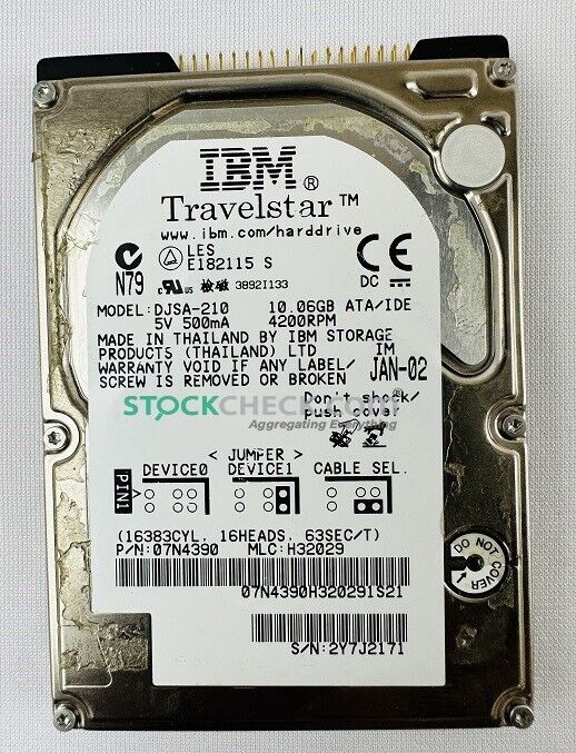 IBM Travelstar 07N4390 DJSA-210 Hard Disk Drive ; 10GB 2.5-inch HDD, 4200RPM 