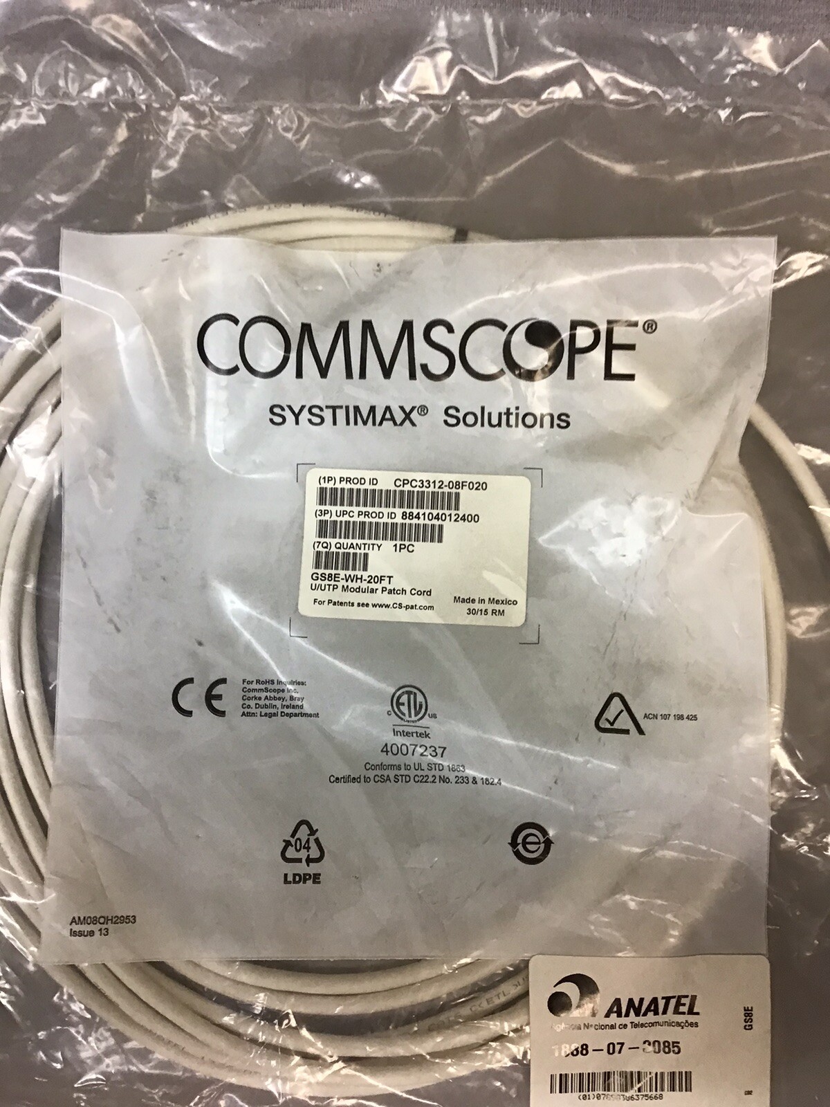 LOT OF 4: COMMSCOPE  SYSTIMAX GS8E-S-WH-20FT GS8E MODULAR PATCH CORD (B14)