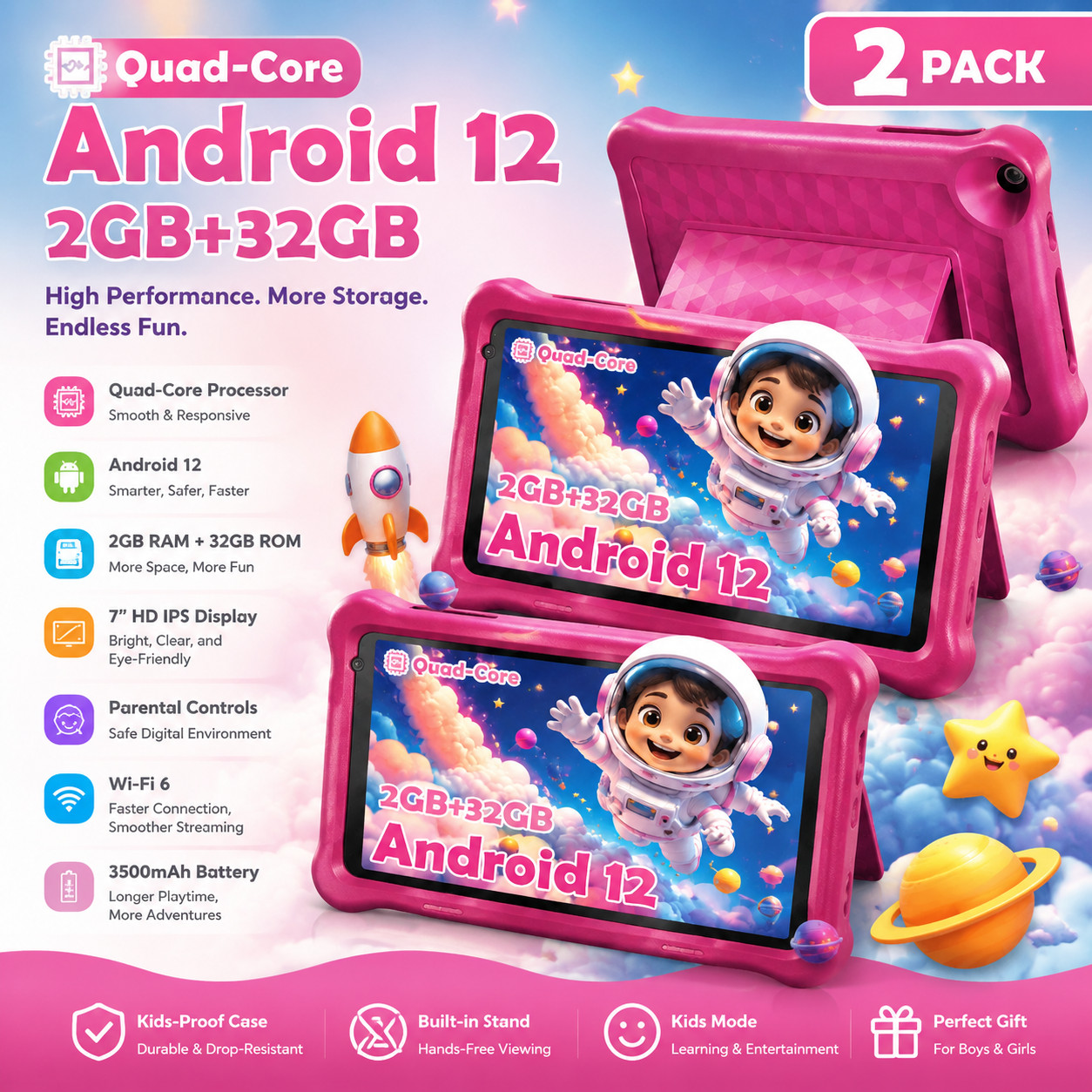 2pcs AEEZO 10.1" Tablet Android 13 2+32GB WIFI Quad-Core Tablet Dual Camera