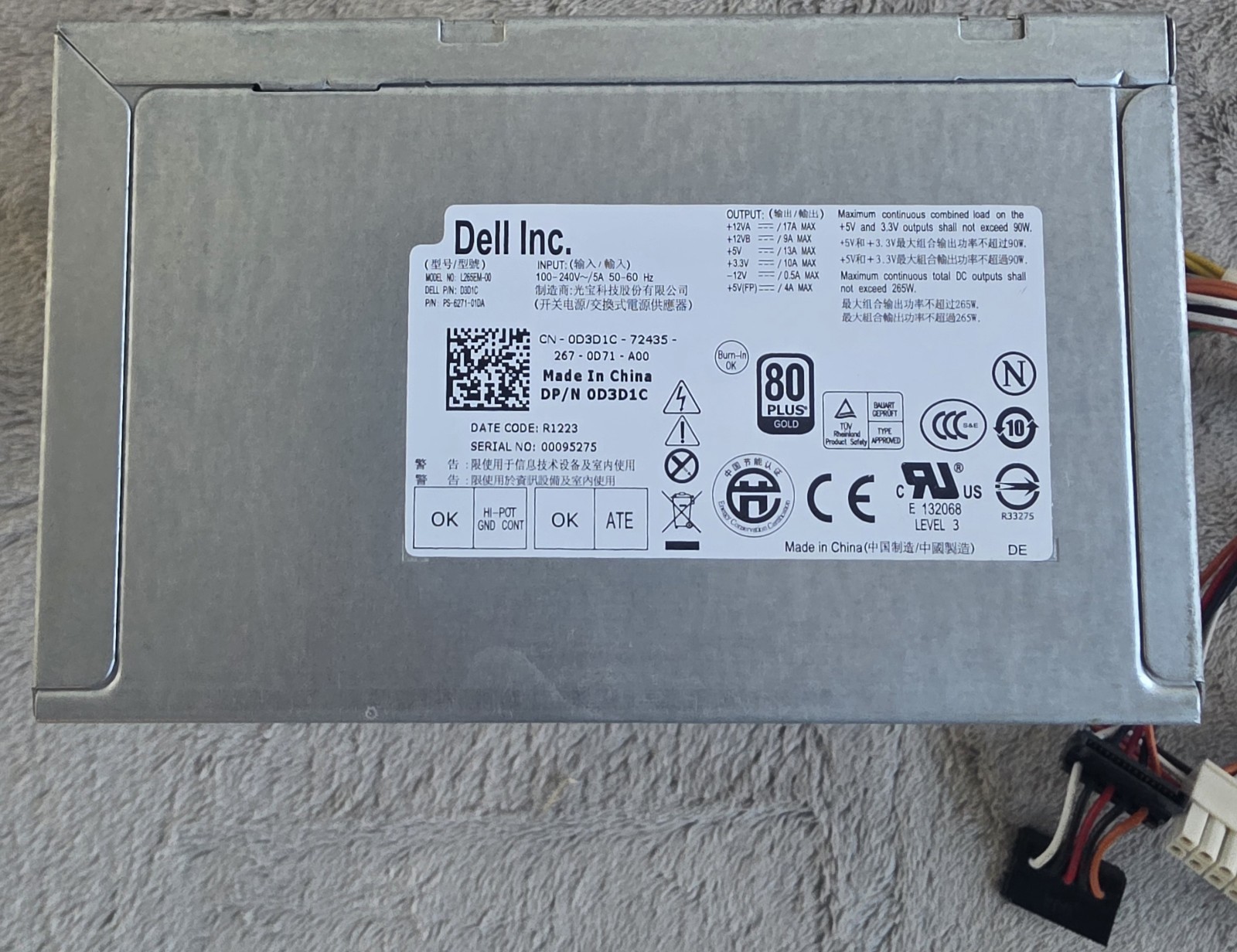 Dell 265W 80 Plus Gold Power Supply L265EM-00 DP/N 0D3D1C Desktop PSU