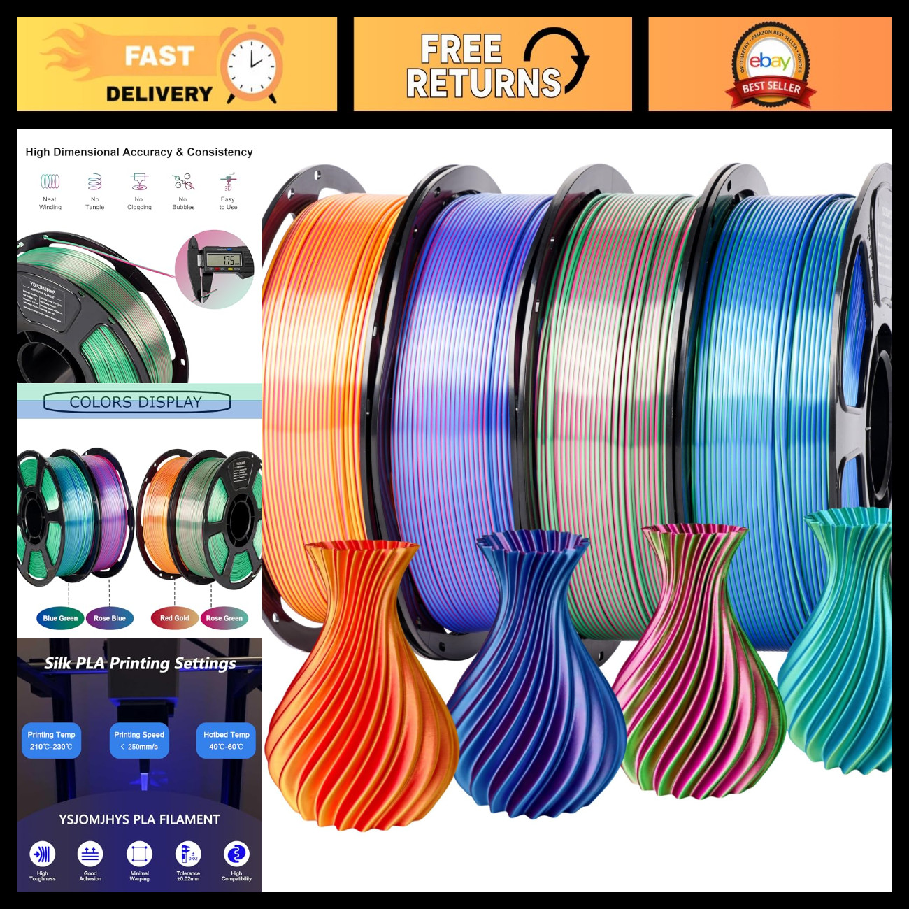 Dual Color Silk 3D Printer Filament Bundle 4KG, 1.75mm High-Quality Material