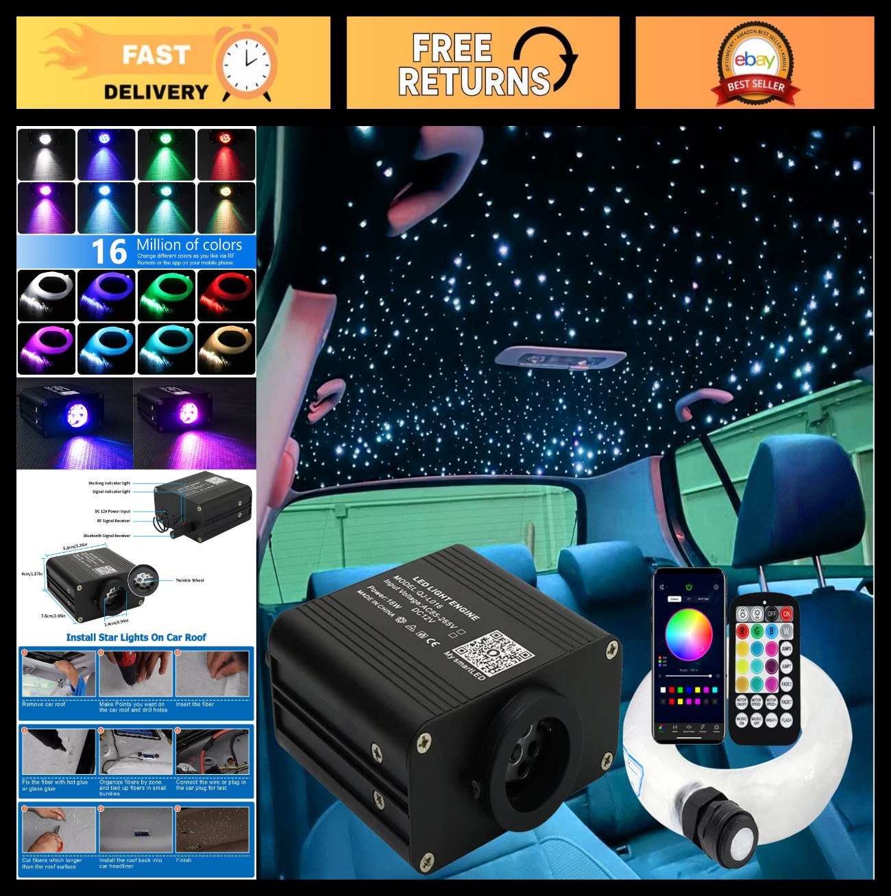 16W Twinkle Sound Activated Fiber Optic Starlight Headliner Kit, 550pcs, Remote