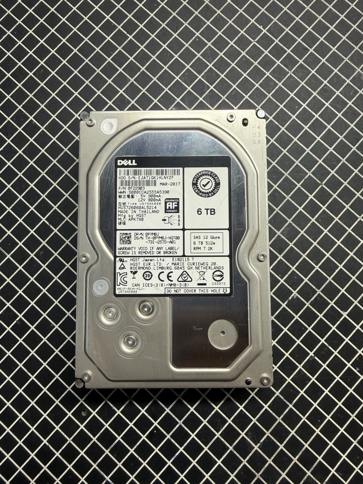 Dell Enterprise 6TB 7.2K NL SAS 12Gb/s 3.5" Hard Drive HDD HUS726060AL5214 PYM8J