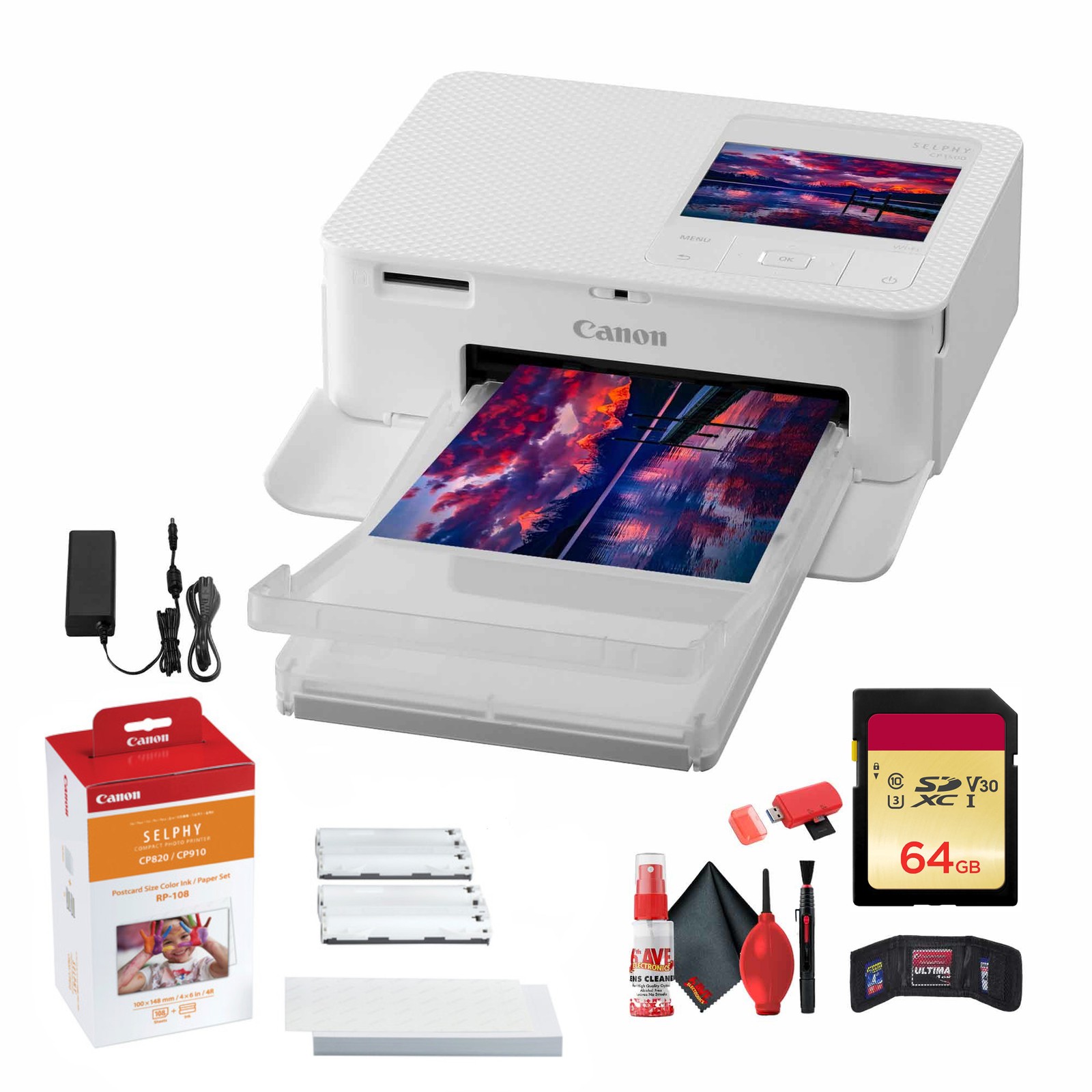 Canon SELPHY CP1500 Photo Printer White RP-108 Ink Paper Bundle