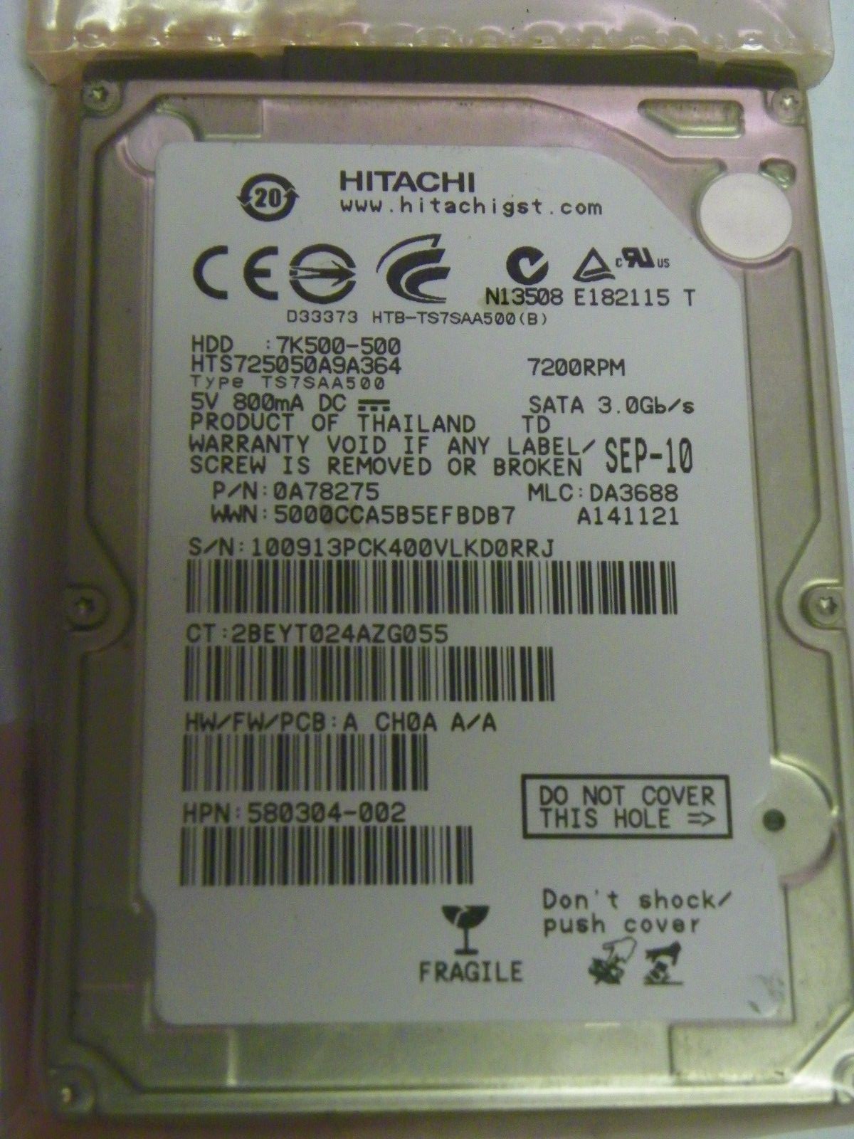 Hitachi HTS725050A9A364 P/N:0A78275 DA:3688 FW:A CH0A  A/A 500GB 2.5" SATA HDD
