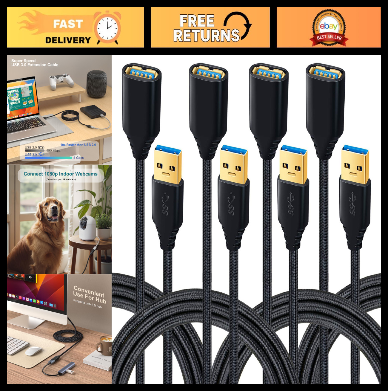 USB 3.0 Extension Cable 4-Pack, 6ft Male to Female Braided Cord, 5Gbps Data Tran