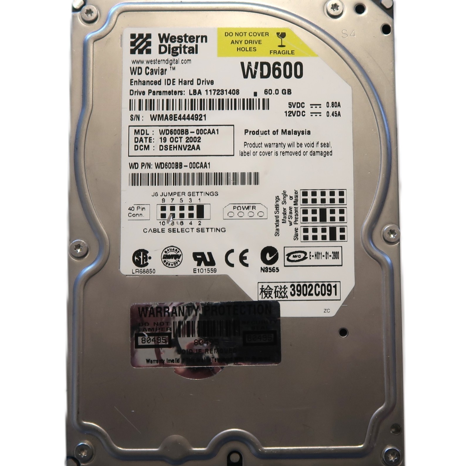 WD WD600BB-00CAA1 DSEHNV2AA (WMA8) Malaysia 3.5" 60gb IDE/ATA HDD OCT/2002