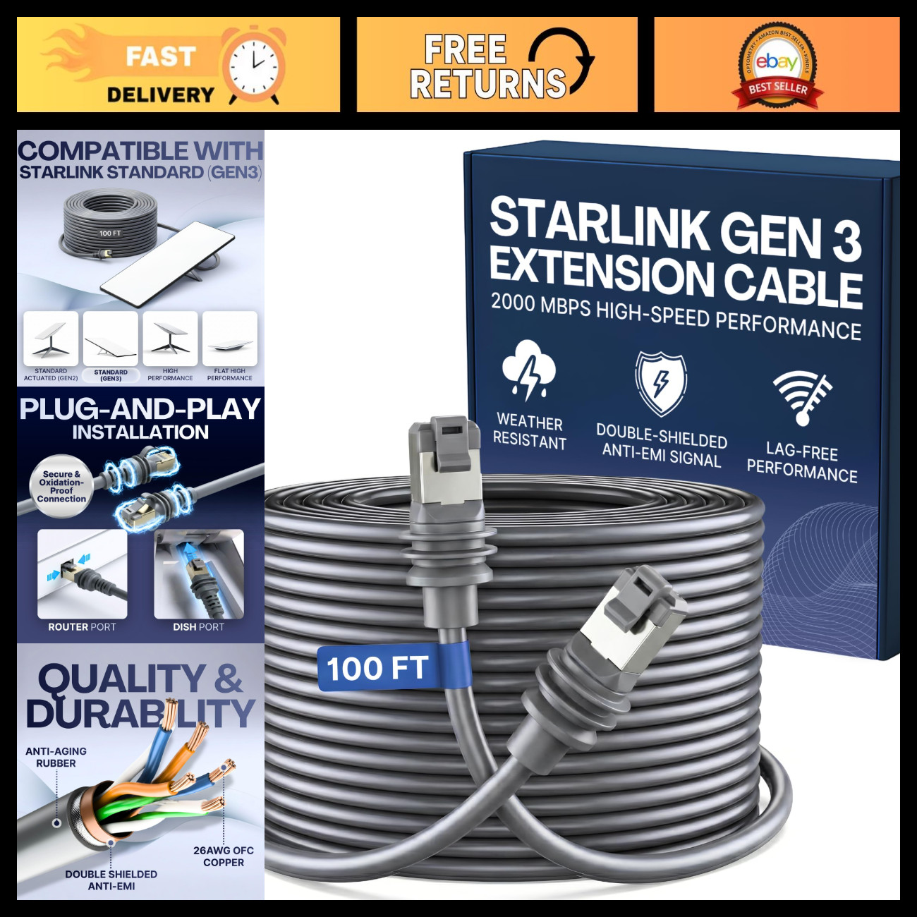 100FT Starlink Gen 3 Ethernet Cable - High-Speed, Waterproof, Outdoor, RJ45, 26A