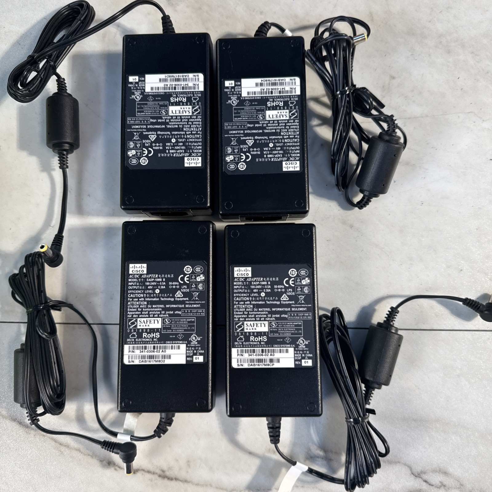 Lot Of 4 CISCO EADP-18MB B AC/DC POWER SUPPLY ADAPTER 48V 0.38A 341-0306-02 A0.