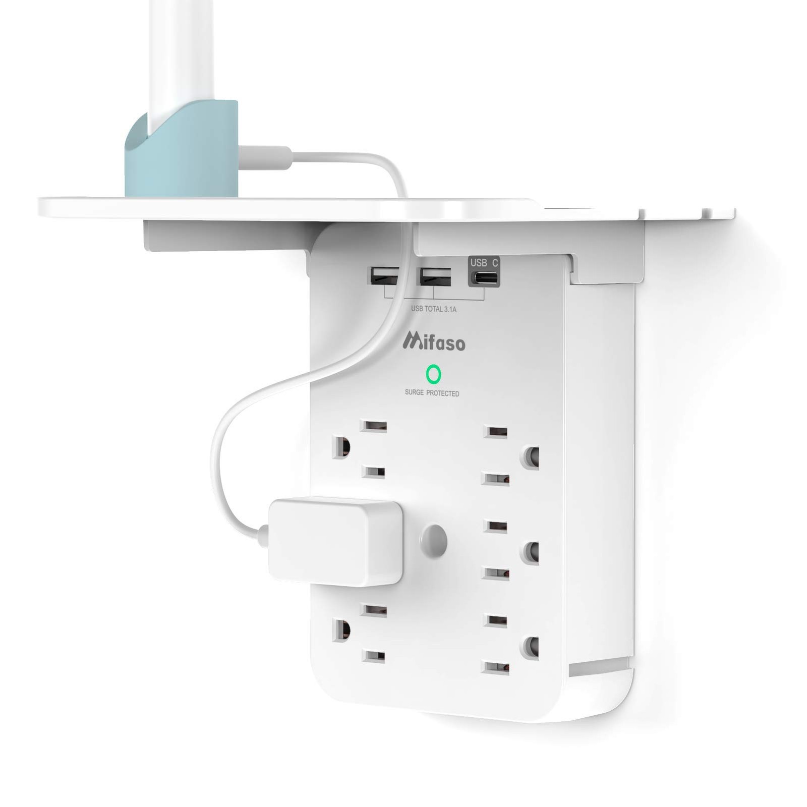 Wall Outlet Extender with Surge Protector 6 AC Outlets Shelf USB C & A White