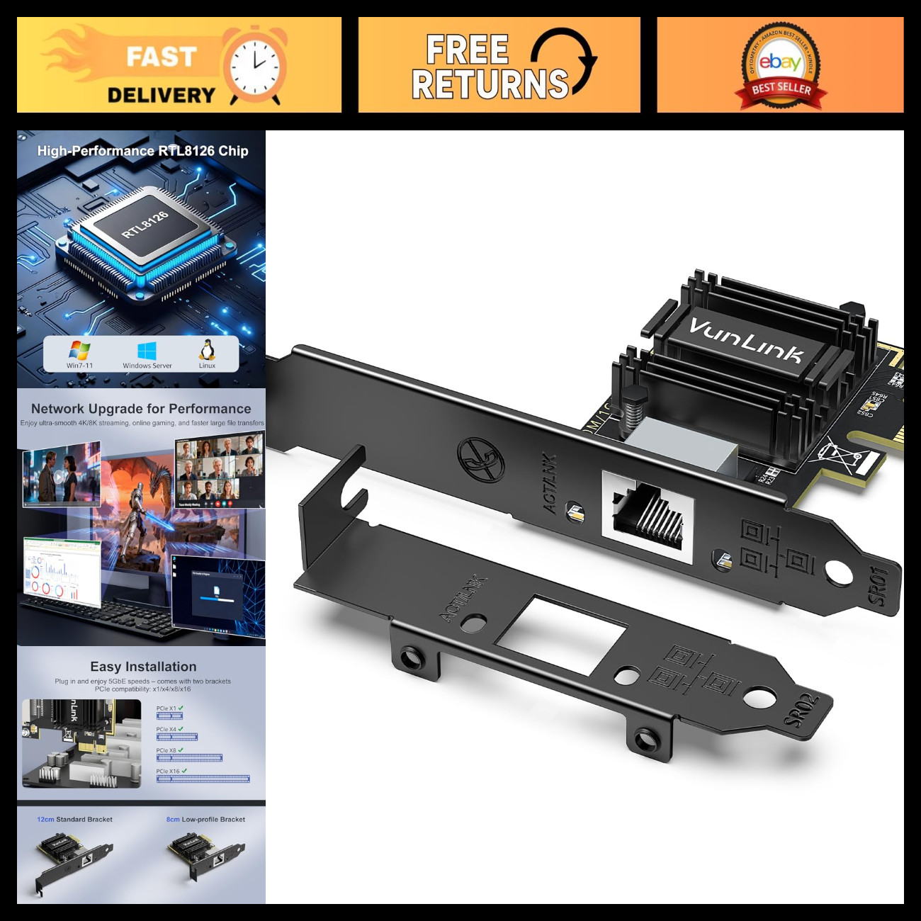 5Gb PCIe Network Card, 5Gbps Ethernet Adapter, Realtek LAN NIC for Desktop, Gami
