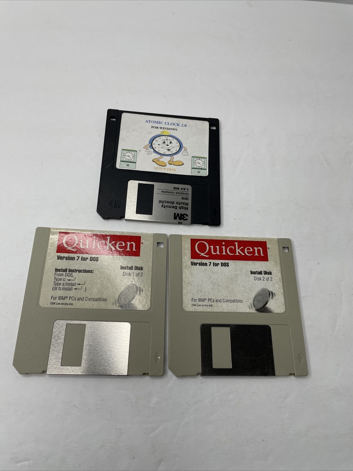Quicken 7 for DOS -Floppy Disks- 2 pcs + Atomic Clock 2.0 For Windows Setup Disk