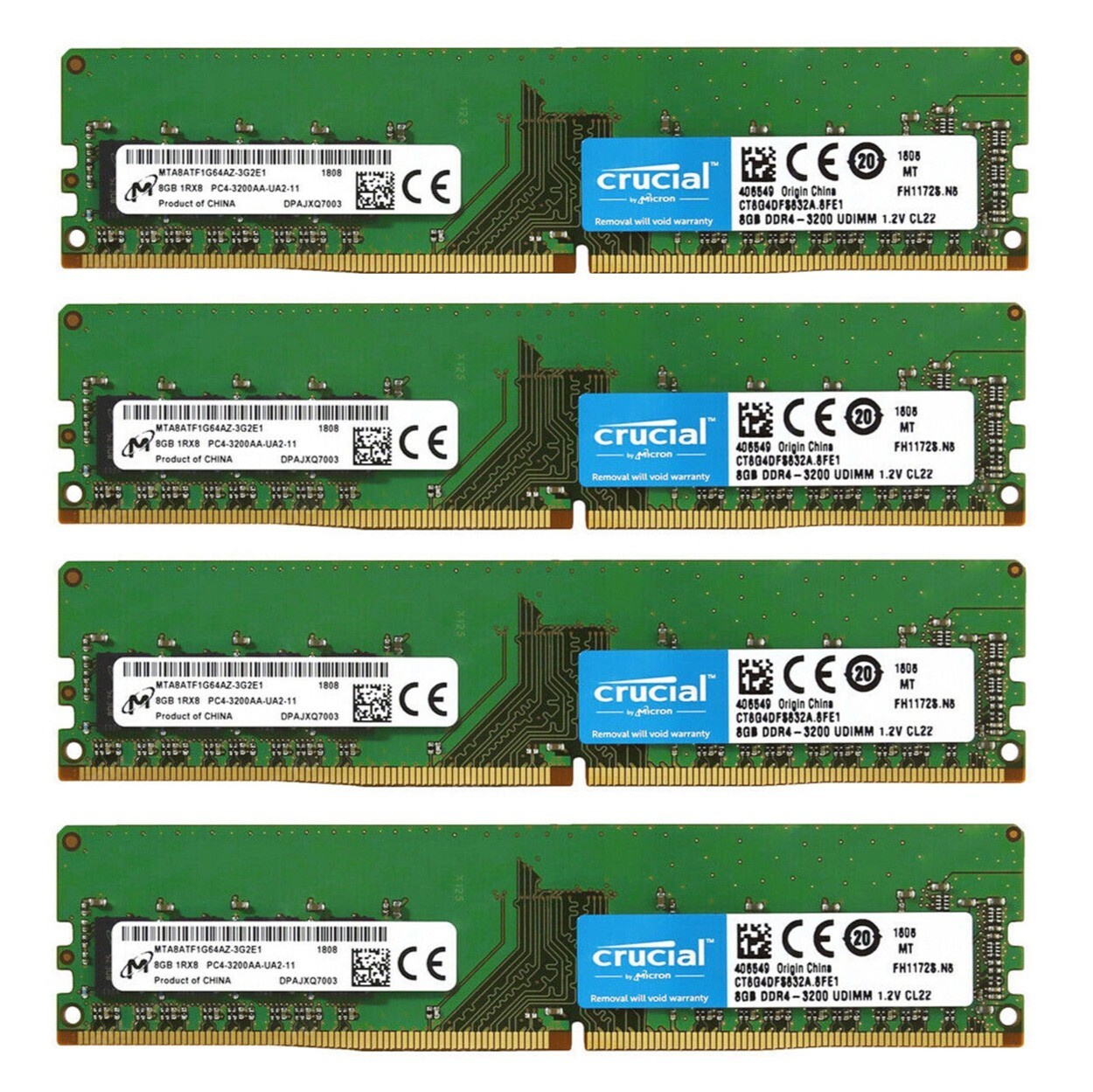 Crucial 32GB 4X8GB DDR4 3200MHz PC4-25600 UDIMM Desktop Memory Ram CT8G4DFS832A
