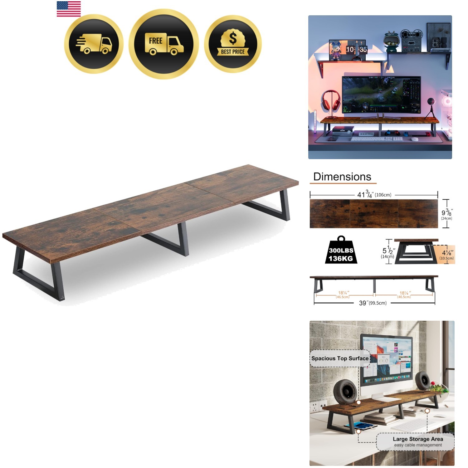 42 inch Large [Dual] [Monitor] [Riser],Rustic Brown Extra Long TV [Stand Wood...