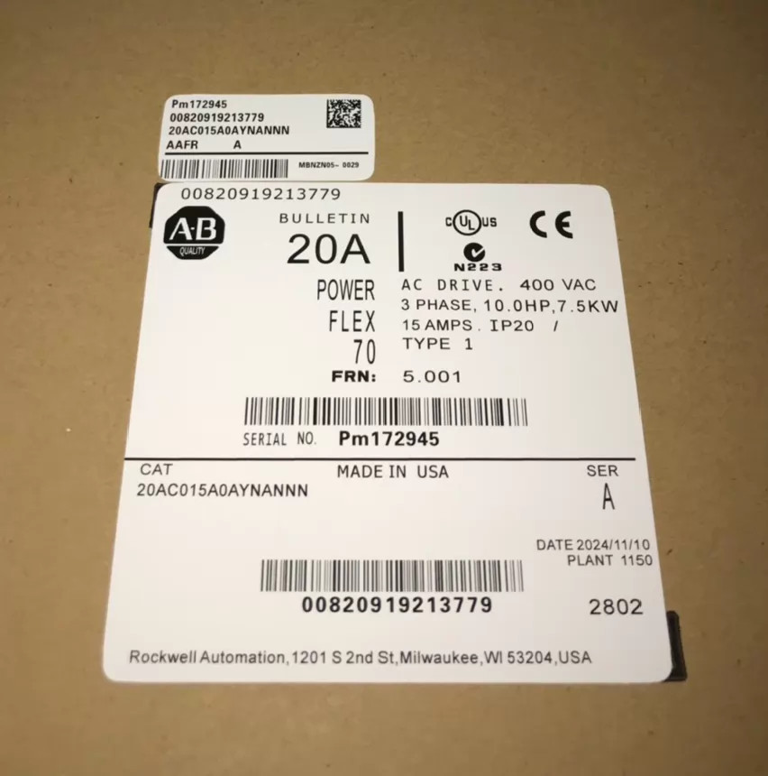 New Allen‑Bradley 20AC015A0AYNANNN PowerFlex70 VFD 7.5kW 15.4A 400V 3‑Phase IP20