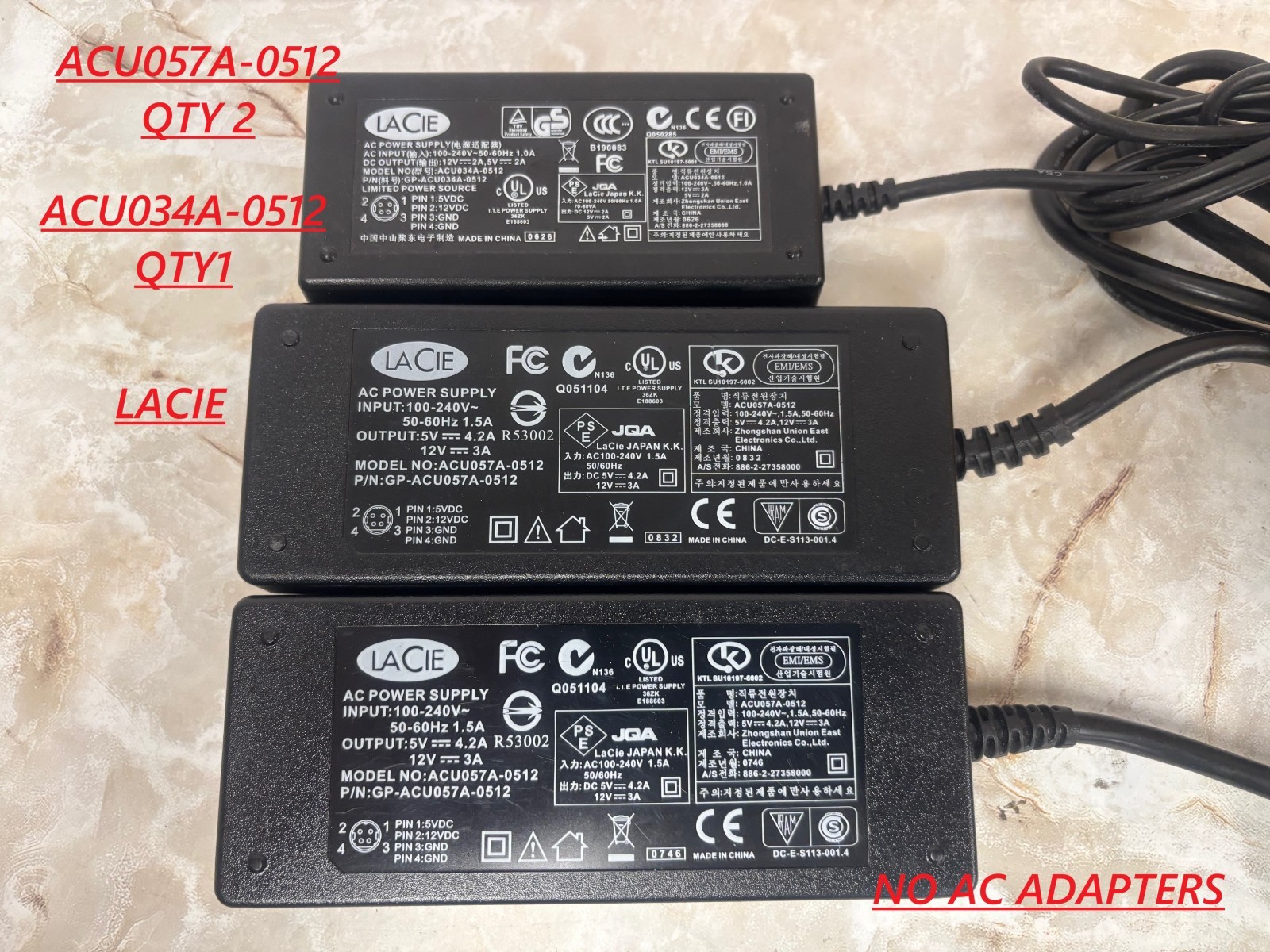 Genuine 4-Pin LACIE ACU057A-0512(QTY 2), ACU034A-0512(QTY 1), NO AC ADAPTERS