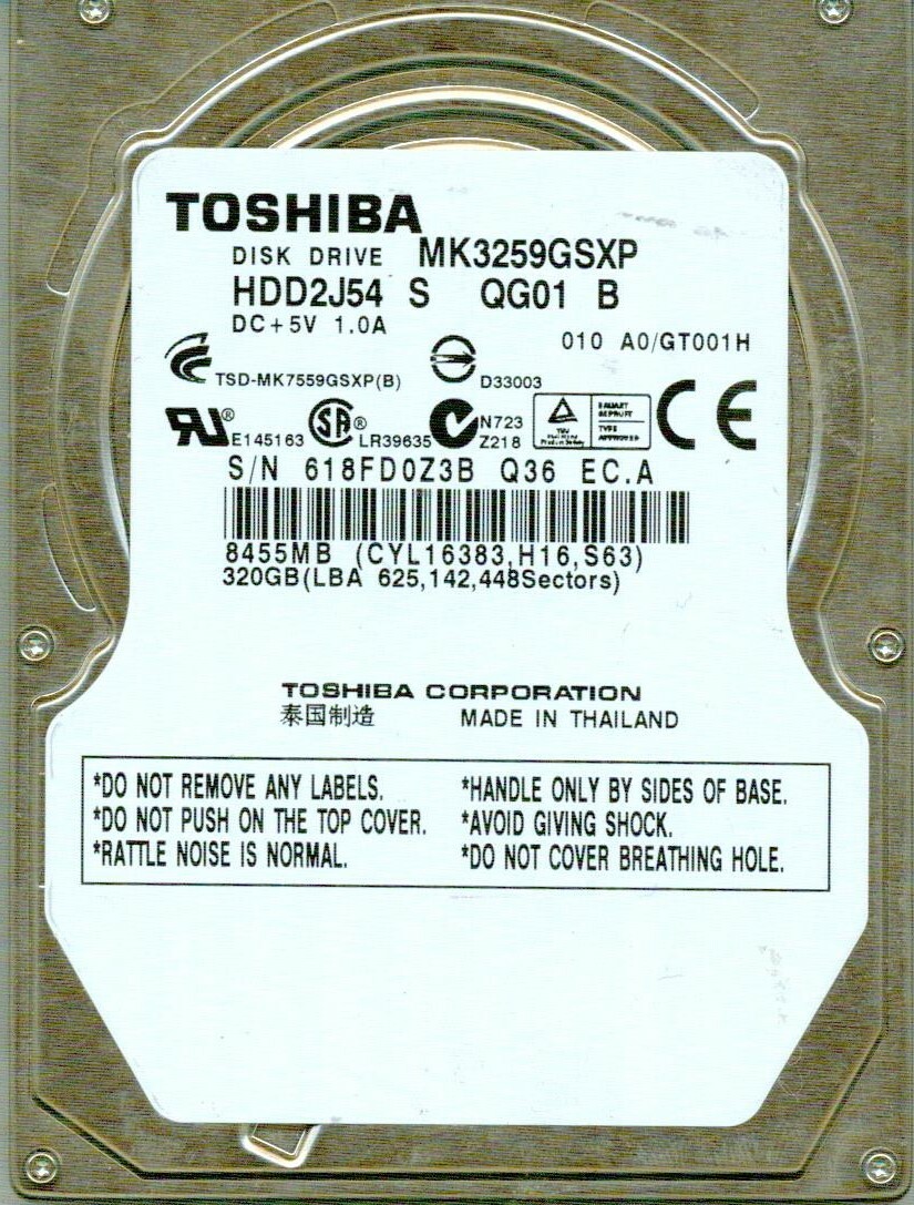 MK3259GSXP   HDD2J54 S QG01 B   TOSHIBA 320GB MADE IN THAILAND