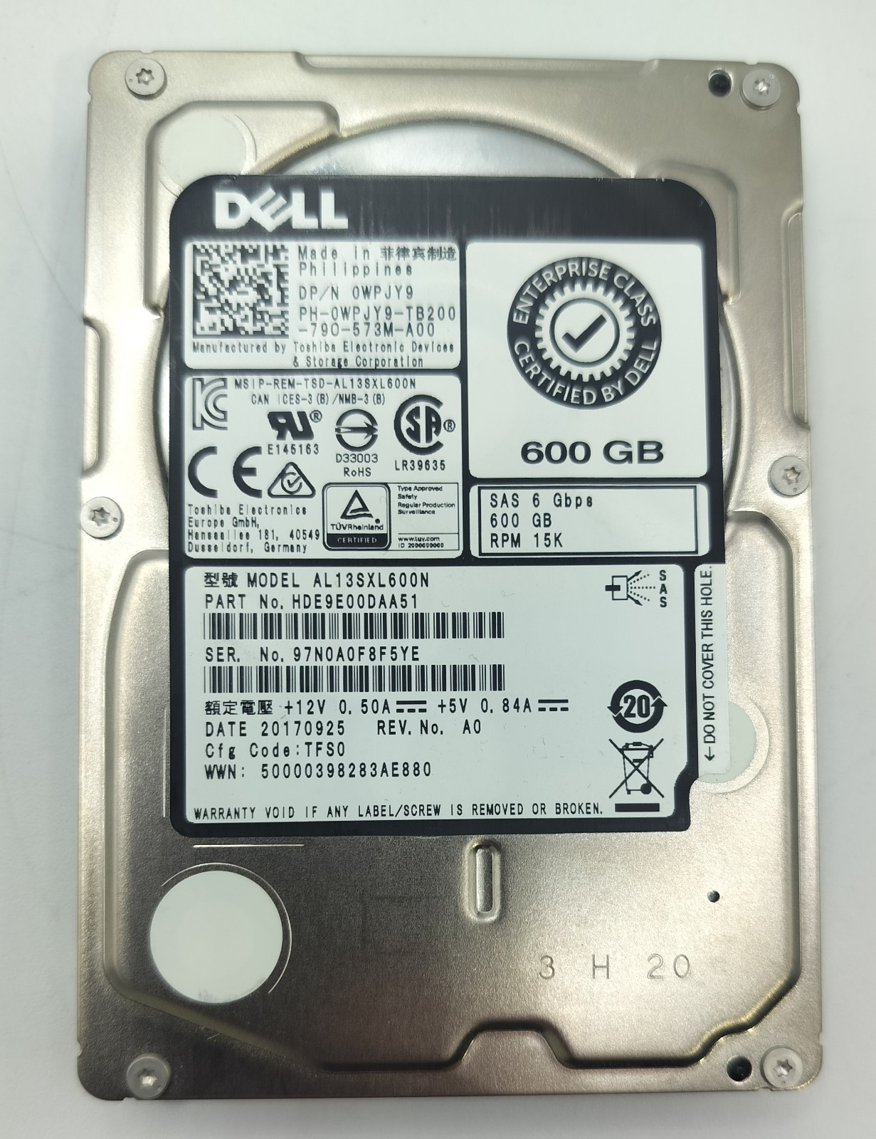 Dell 600GB 2.5" Hard Drive 0WPJY9 AL13SXL600N 15K SAS 12Gbps Good