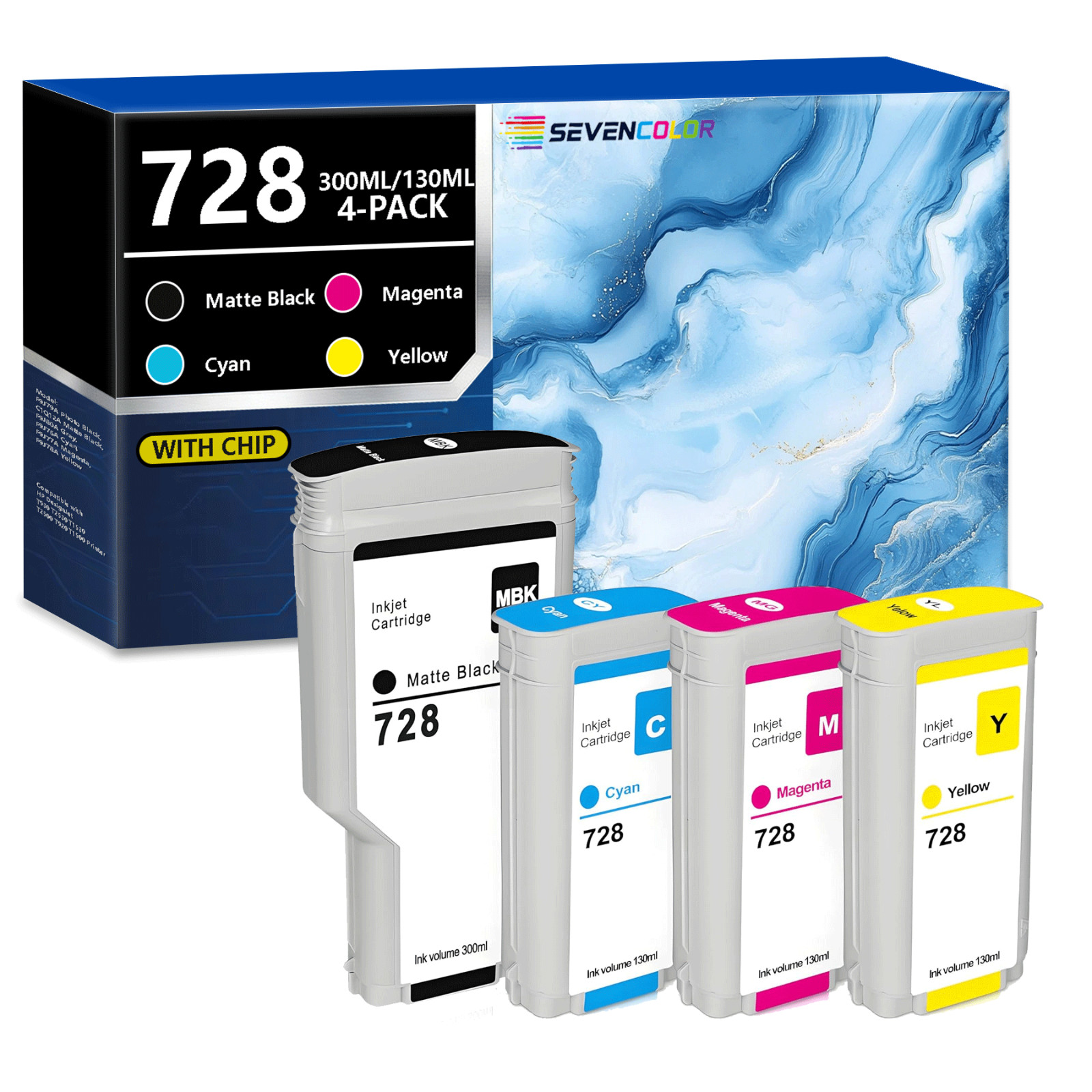 728 Ink Cartridges 4-Pack (300ml Matte Black / 130ml Cyan/Magenta/Yellow)