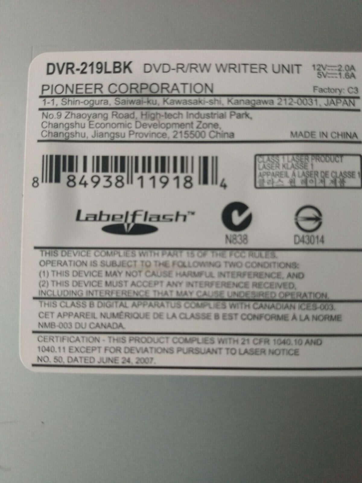 Pioneer DVR-219LBK DVD-R/RW / DVD-RAM Writer SATA Unit Used