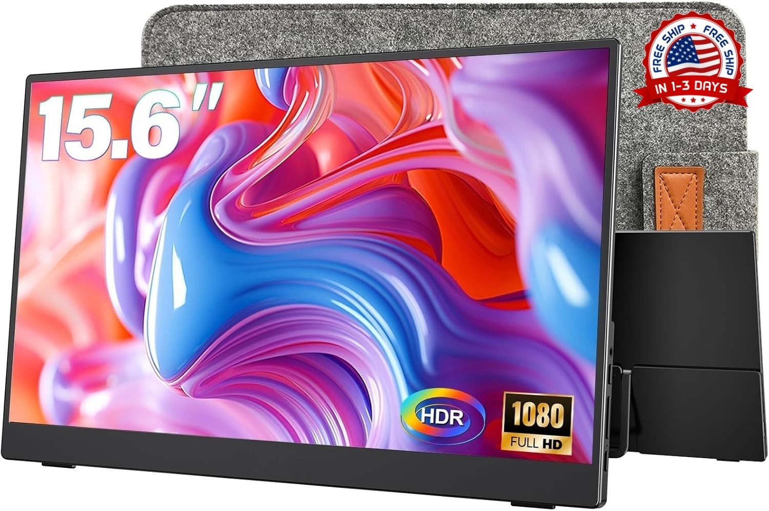 Monitor portátil de 15,6" 1080P con funda protectora y soporte ajustable de 90°