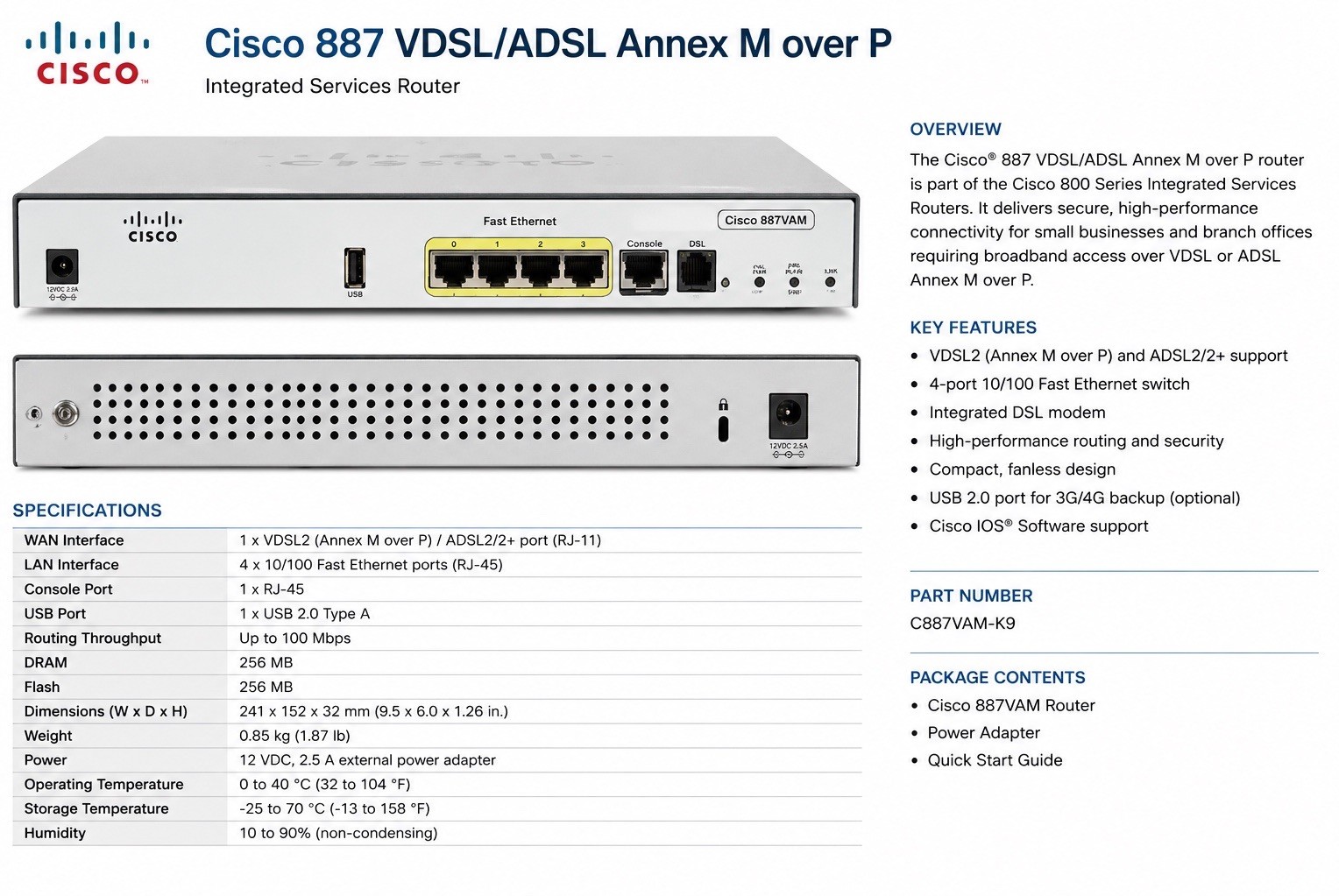 CISCO887VA-M-K9 - Cisco 887 VDSL/ADSL Annex M over POTS Multi-mode Router