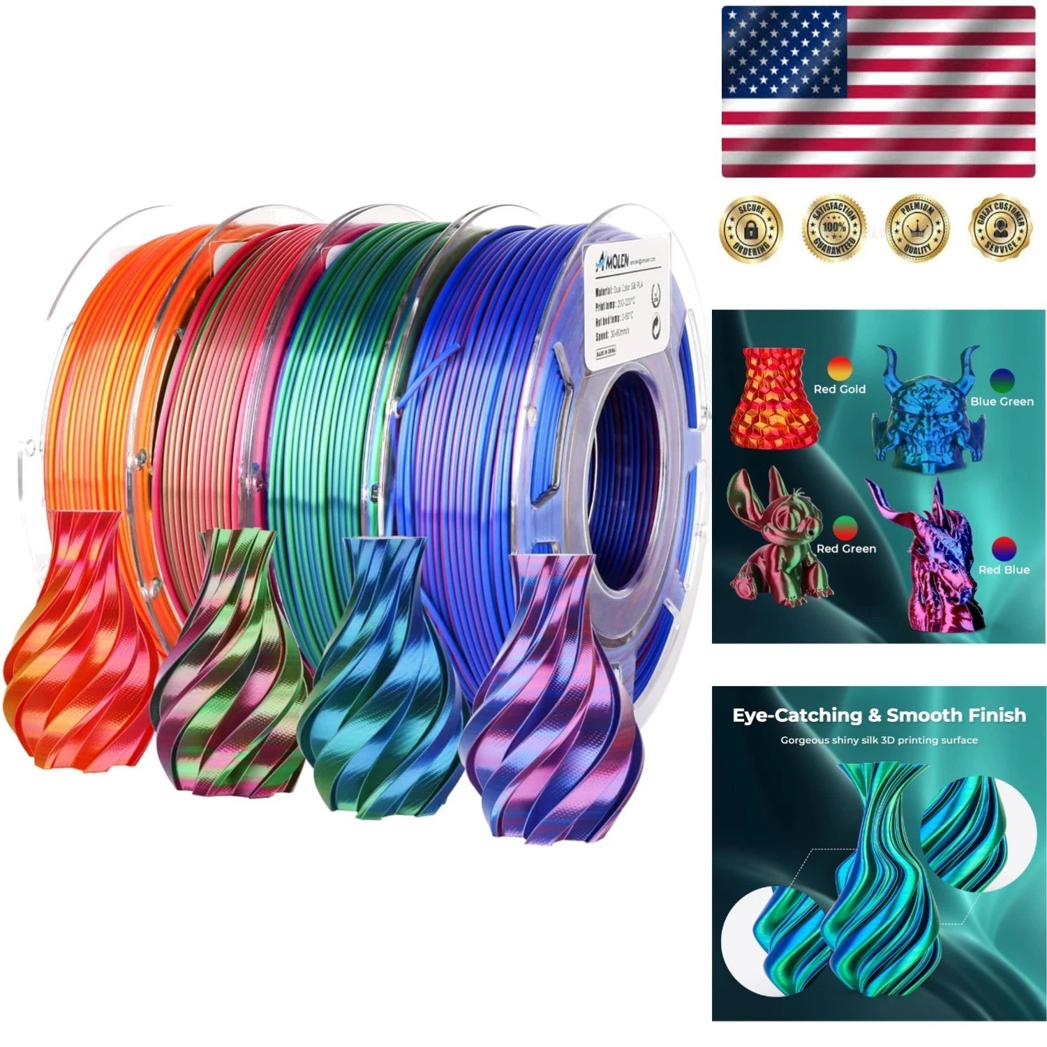 Vibrant Silk PLA 3D Printing Filament Pack (4x200g Spools) for Creative Projects
