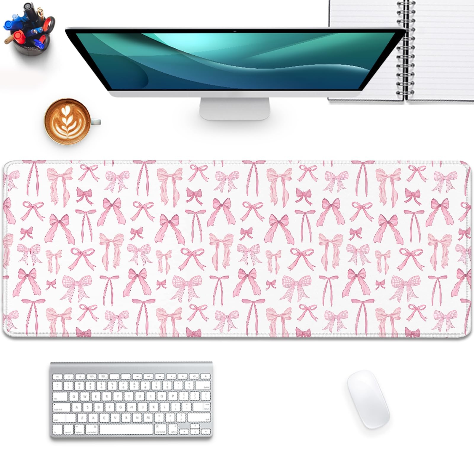 Pink Bow Pad Desk Pad,Extended Large Mat with Stitched Edge,Non-Slip Base Key...