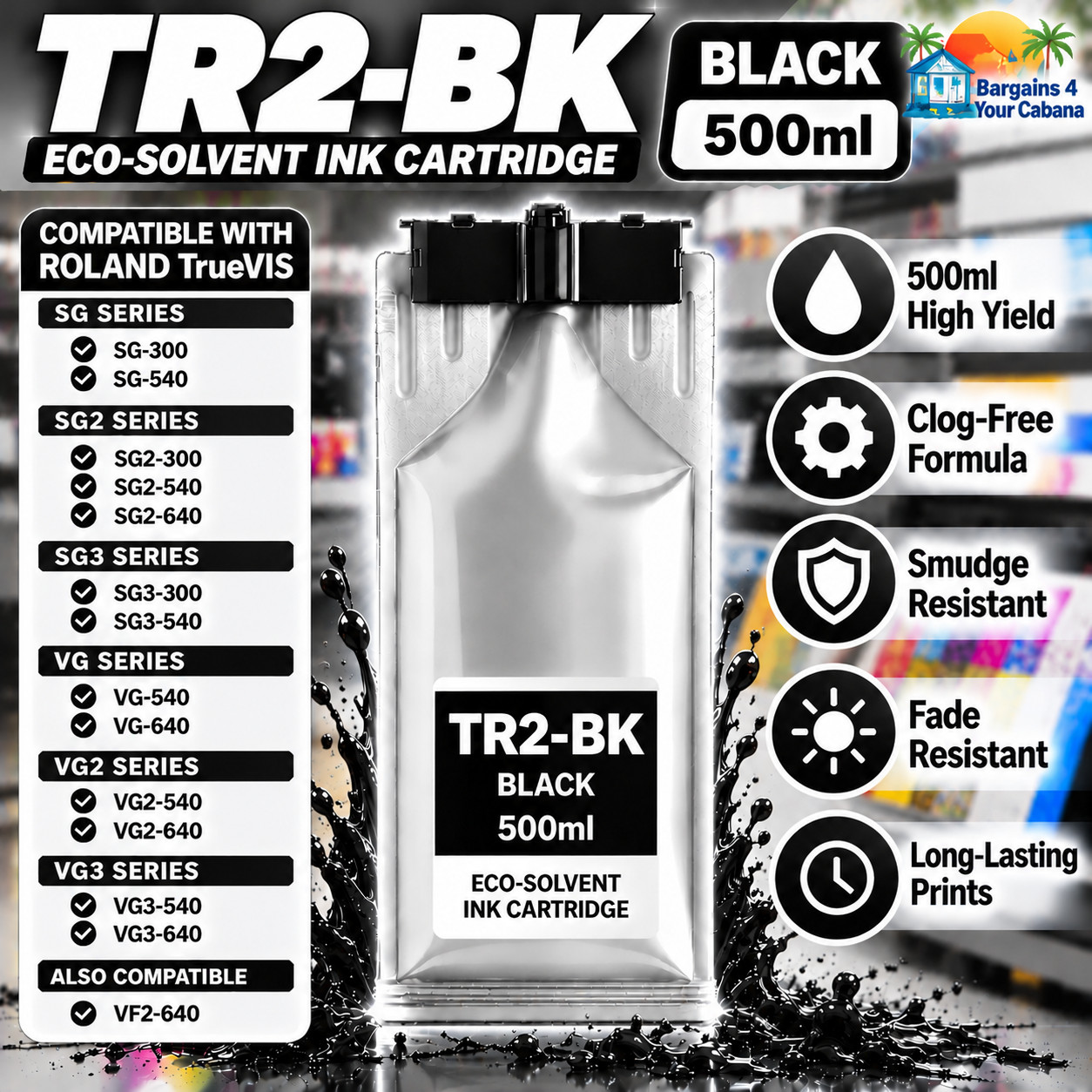 TR2-BK Black Ink Cartridge 500mL Compatible with Roland TrueVIS SG VG Series