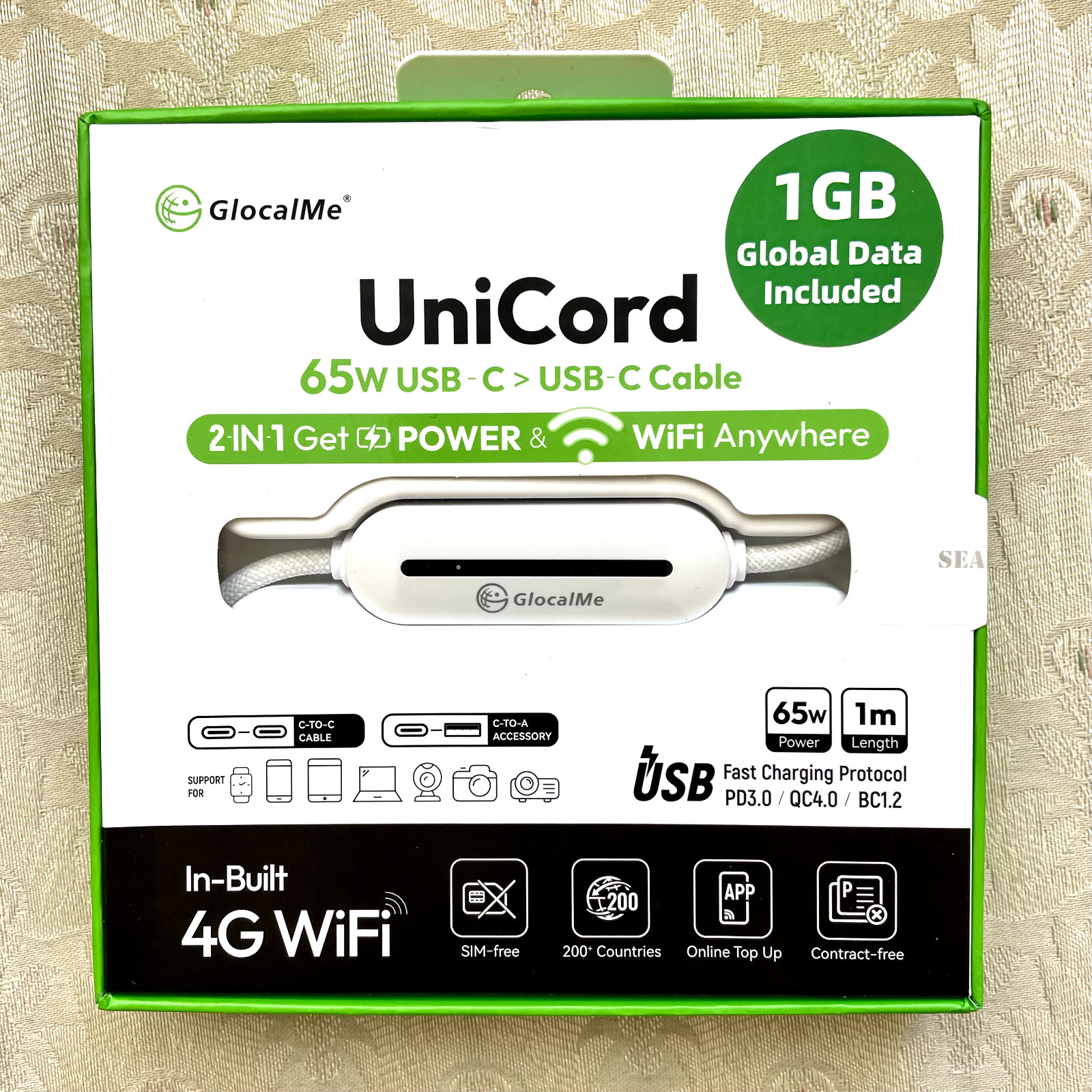 GlocalMe UniCord 65W USB-C to USB-C Cable with Built-In 4G Wi-Fi - 1GB Free 