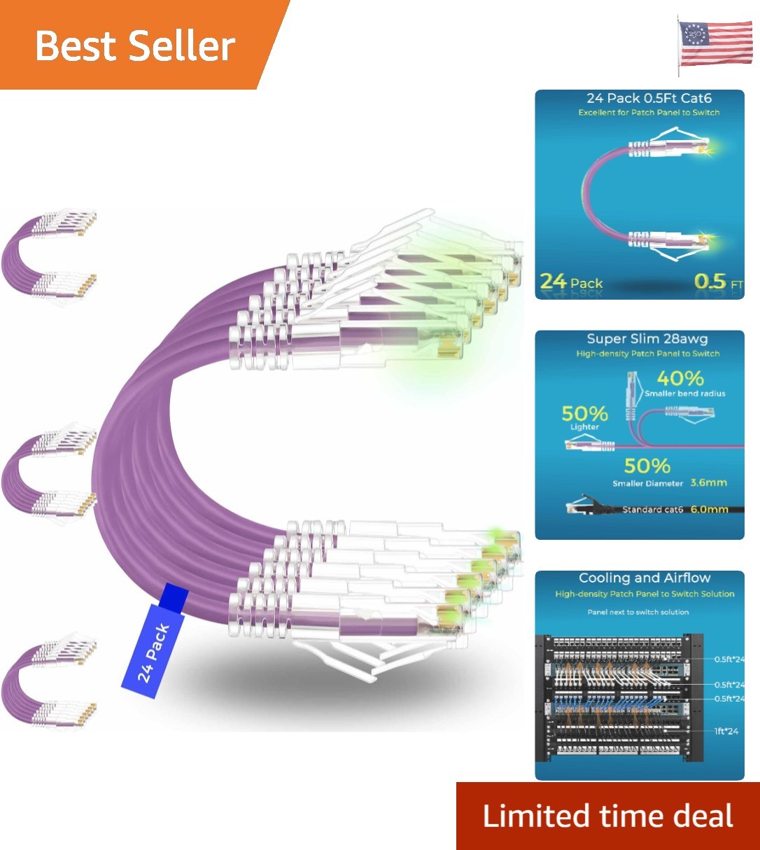 24-Pack Slim Cat6a Ethernet Cables 0.5ft - 10G Speed, Snagless Design - Purple