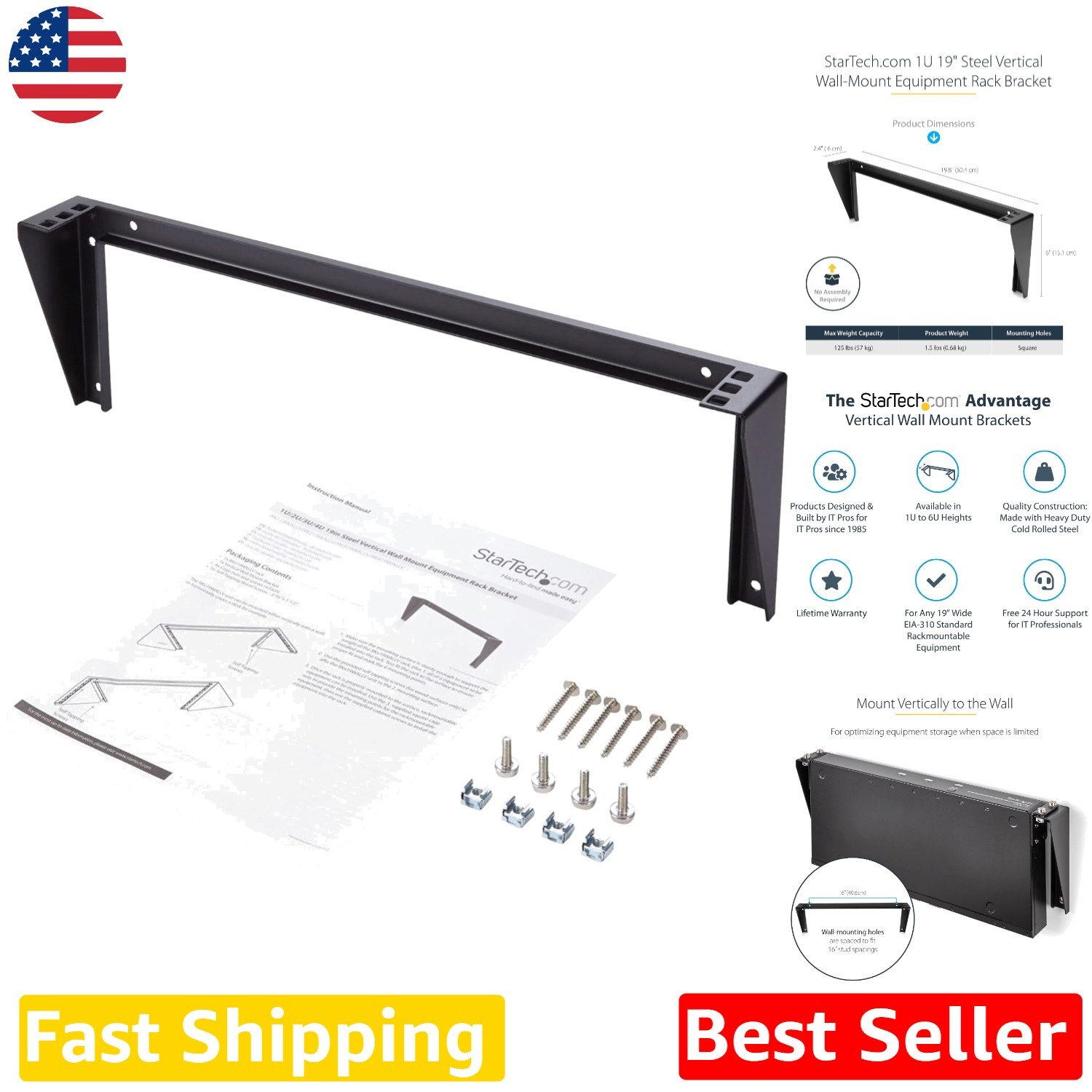 Versatile 1U Wall Mount Patch Panel, Steel, TAA, 125lb, Server Networking Gear