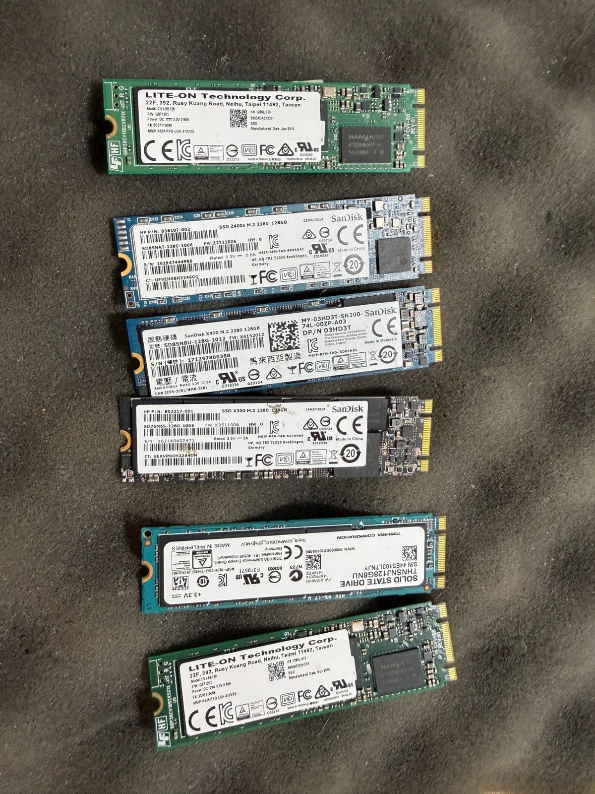 Lot of (6) Mixed 128GB SATA SSD M.2 2280 Sandisk Toshiba Lite-ON Used