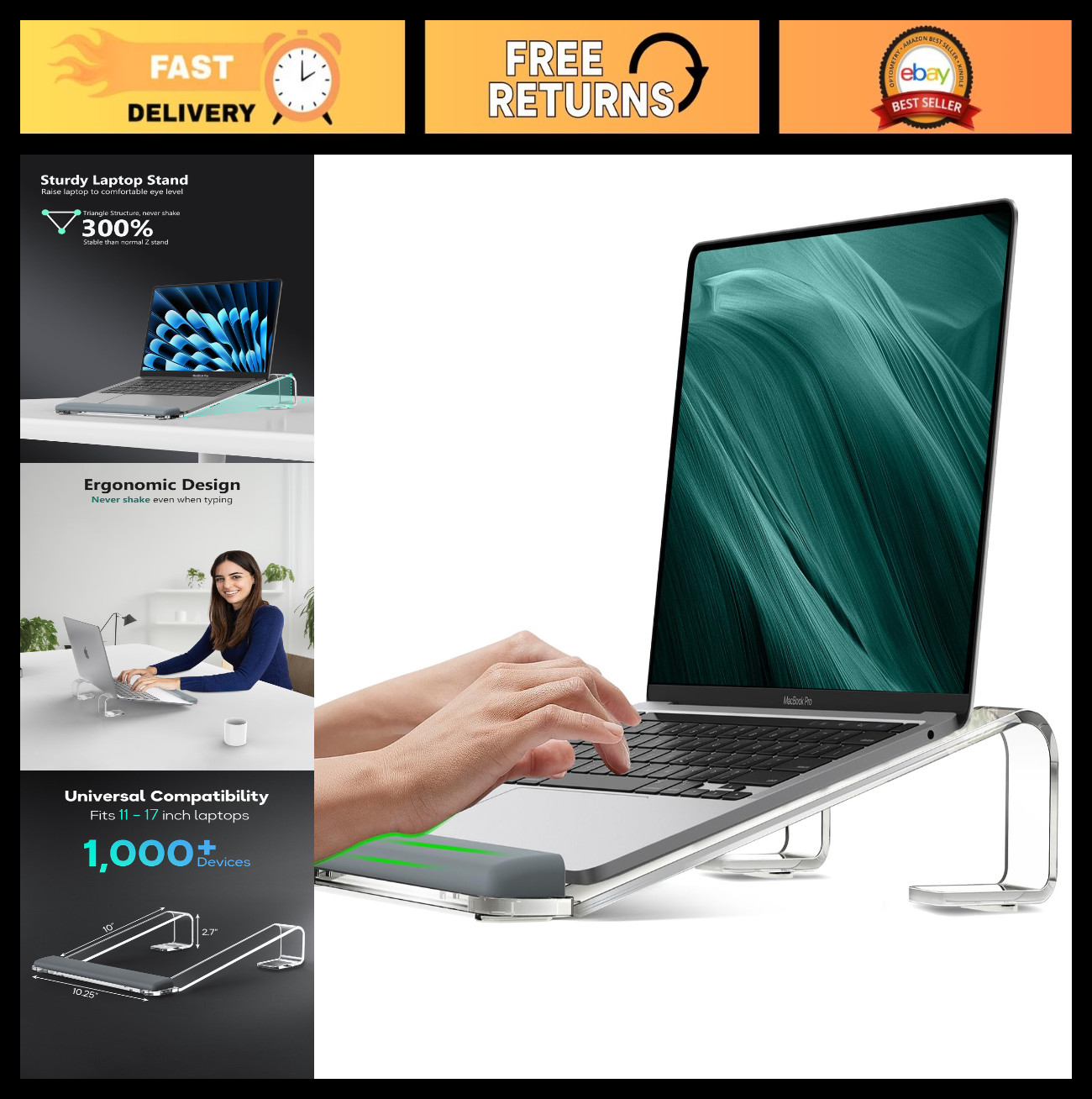 Clear Acrylic Laptop Stand with Wrist Rest | Ergonomic Portable Riser for 10-17"