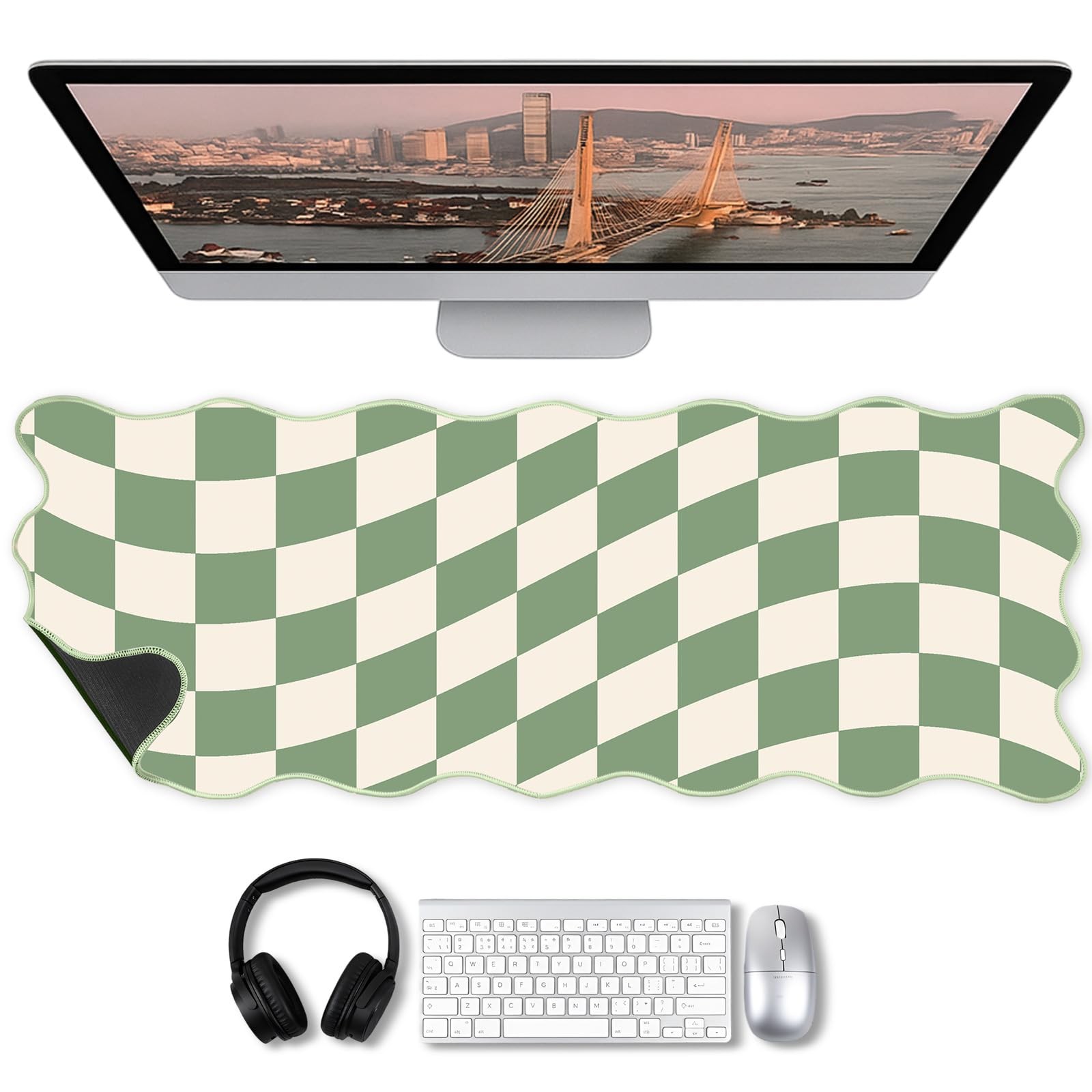 1 Pcs Scalloped Green Checkered Desk Mat 31.5 x 11.8 Inch Large Cute Mouse Pa...
