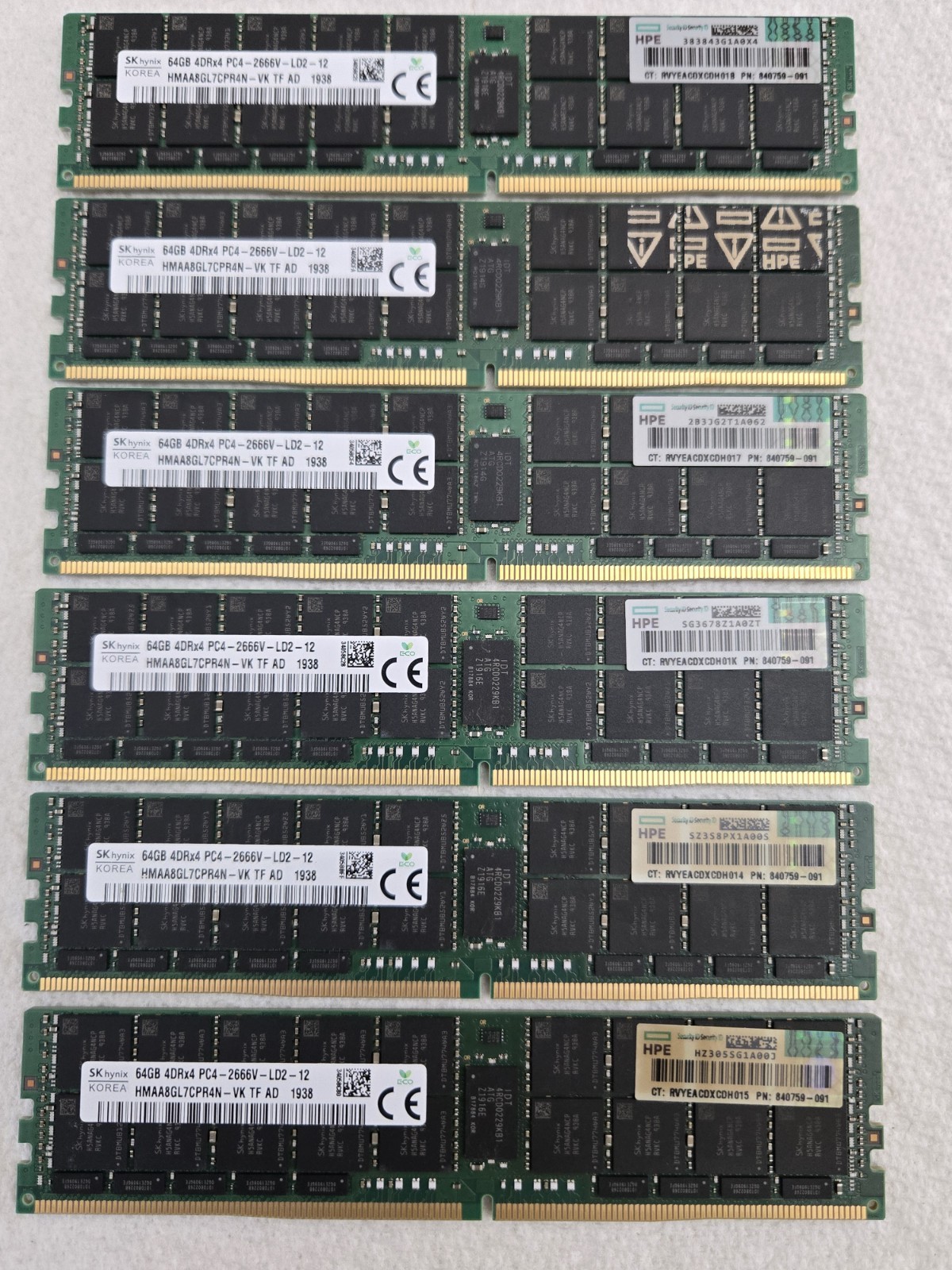 Lot of 6 SK hynix 64GB 4DRx4 PC4-2666V Server RAM. May have damage, not tested.