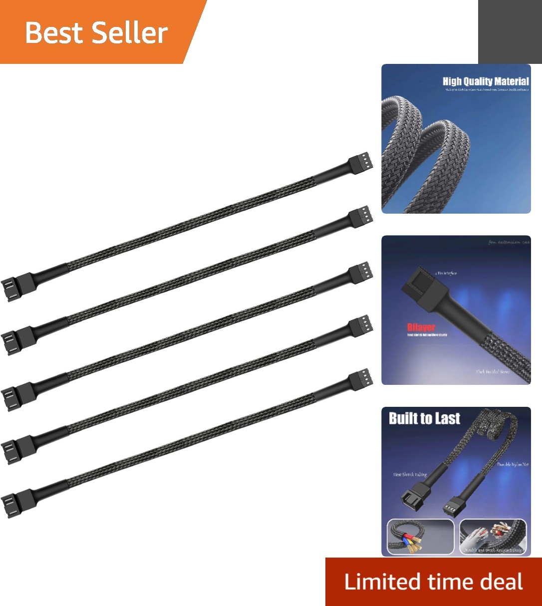 Pack of 5 Braided 12-Inch PWM PC Fan Extension Cables - Maximize Cooling