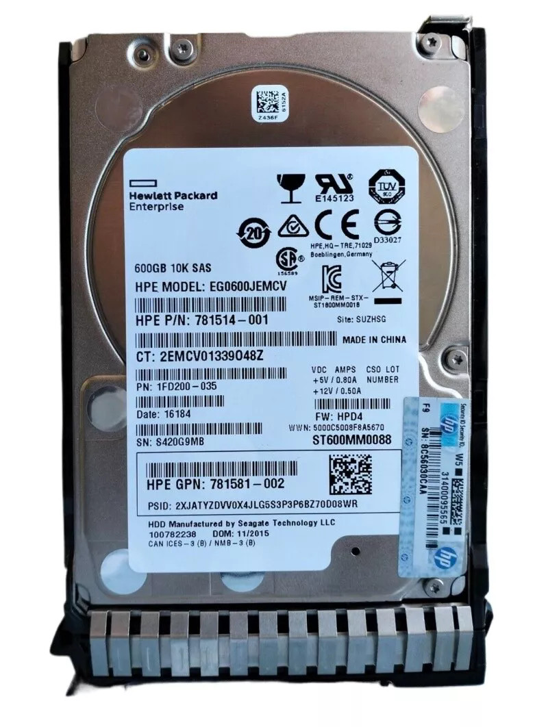New HPE 781516-B21 781514-001 781577-001 600GB 12G SAS 10K 2.5 in SC Hard Drive