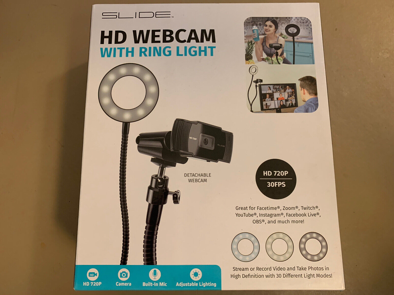 Slide Innovations HD Webcam w Ring Light Full HD 1080p 30FPS Vlog Streaming