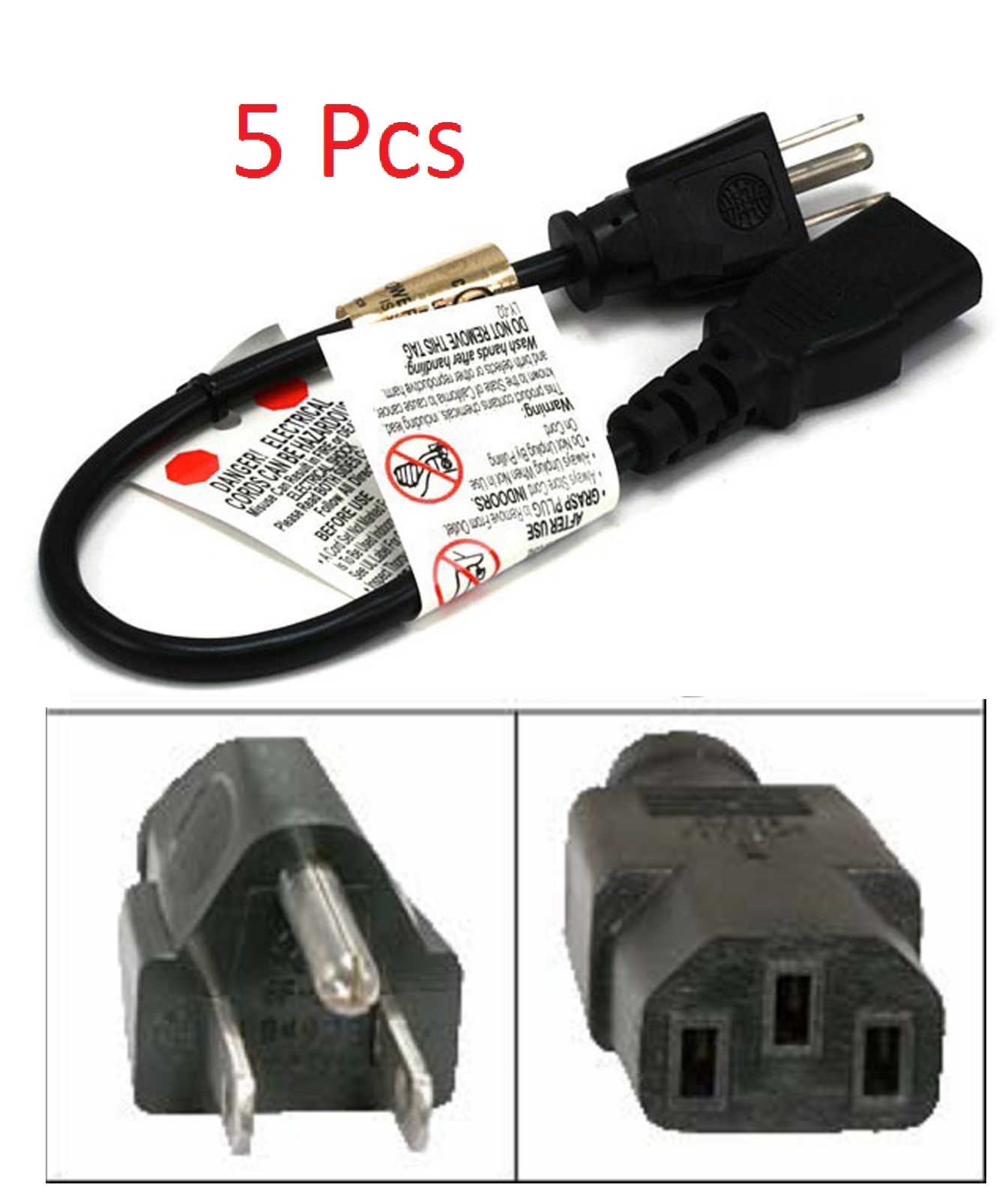 5-PACK 1ft. Short 3-Conductor PC Power Cord, 18AWG, NEMA 5-15p to IEC C13 Cable 