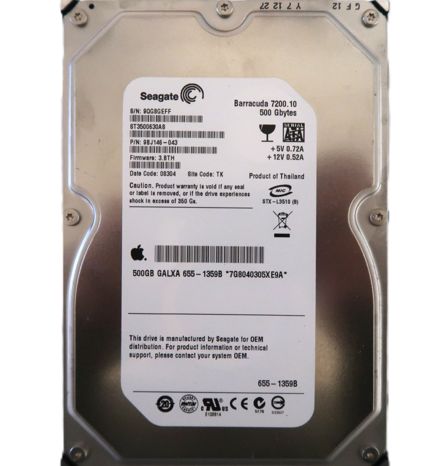 Seagate ST3500630AS 9BJ146-043 3.BTH 9QG TK Thiland 500gb 3.5" Sata HDD 01/2008