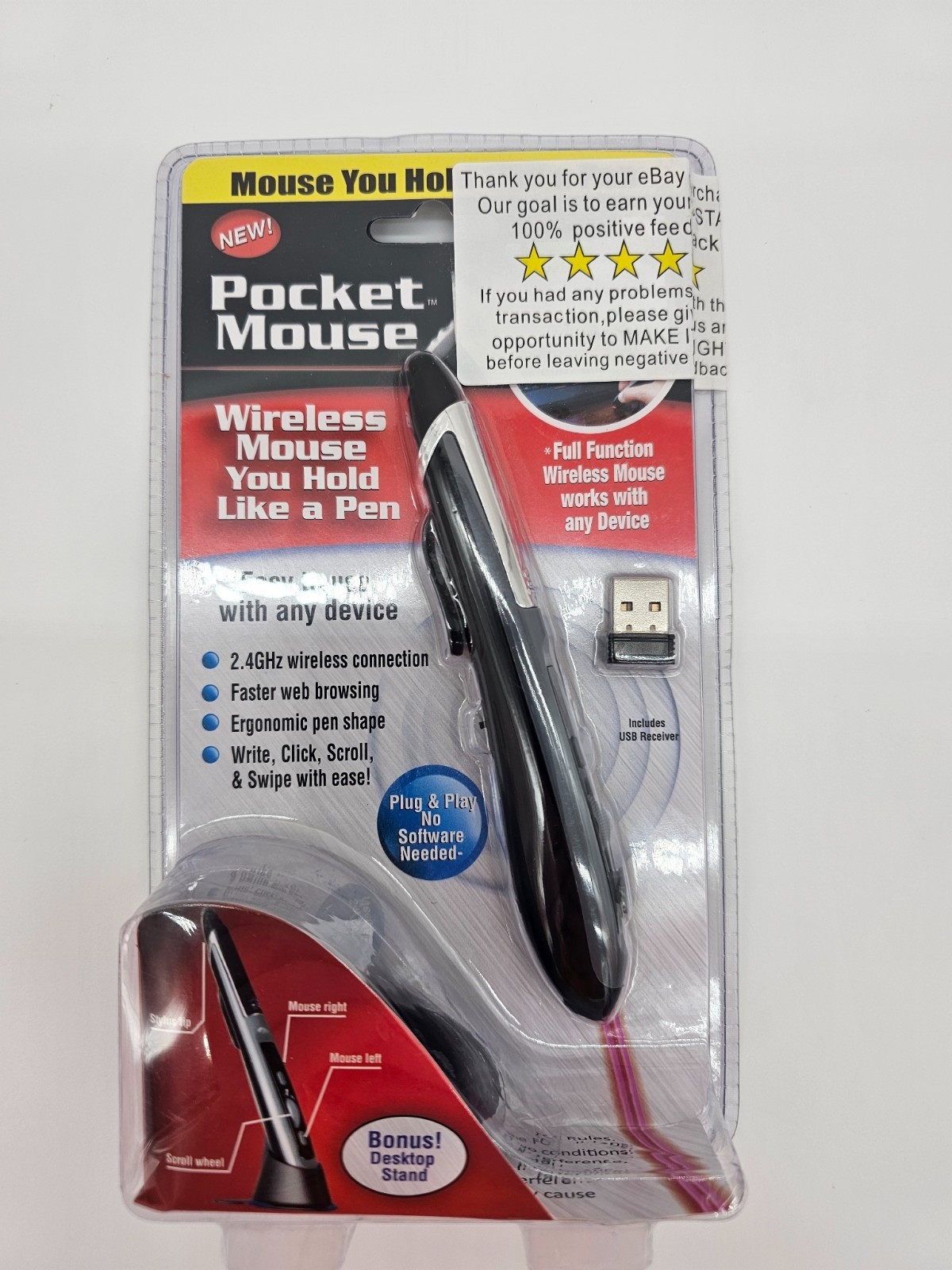 Pocket Mouse Wireless Pen Mouse 2.4GHz USB Receiver + Desktop Stand New