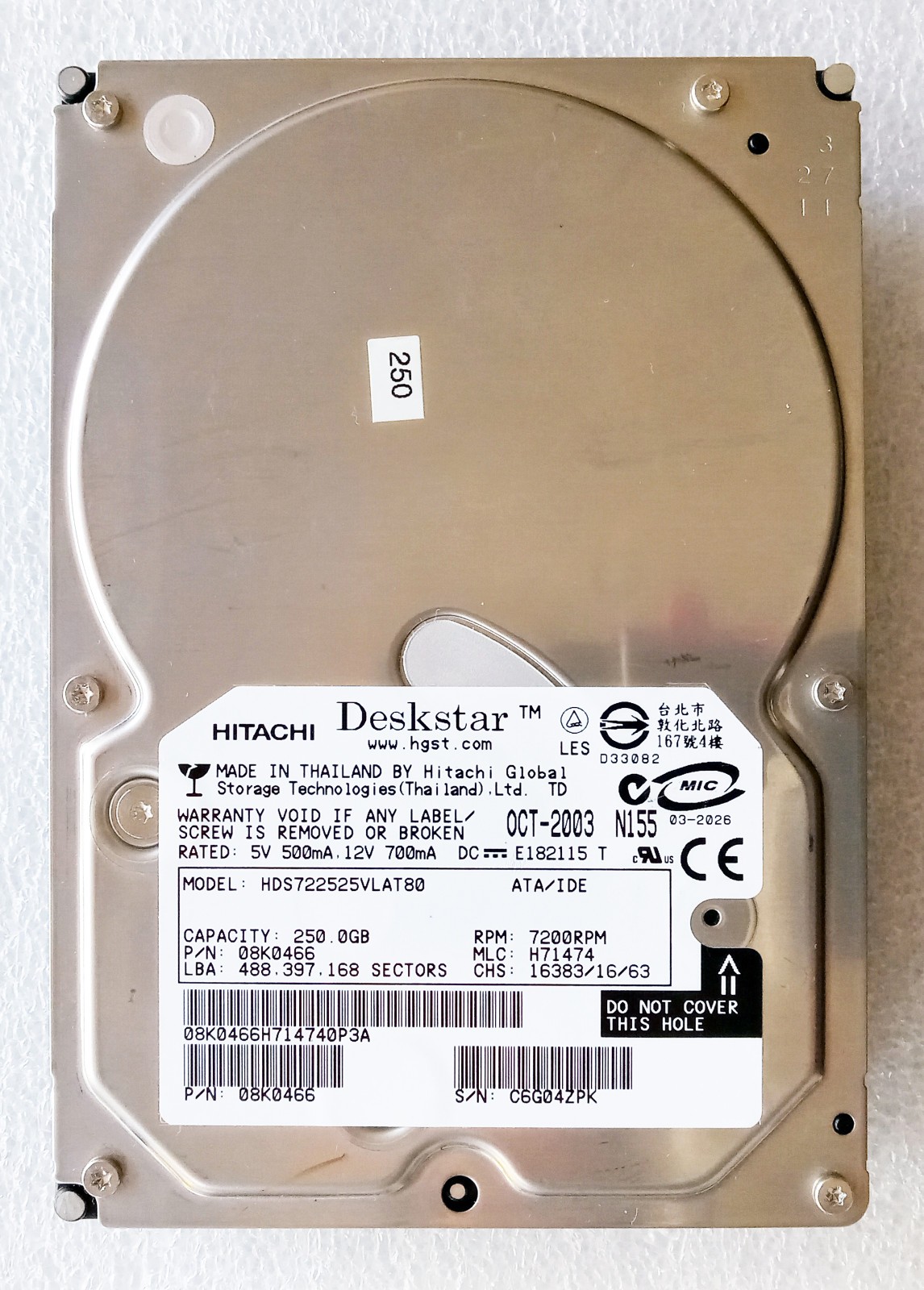 Hitachi Deskstar 3.5" Hard Drive ATA/IDE, 250GB, 7200 RPM, Model HDS722525VLAT80