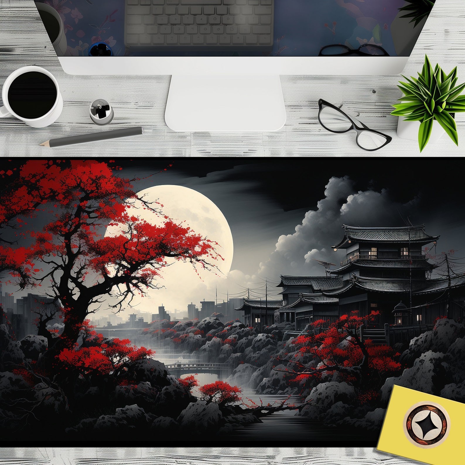 Riverside Japan Full Moon in Black and Red Desk Mat, Long Mouse Pad, L9863