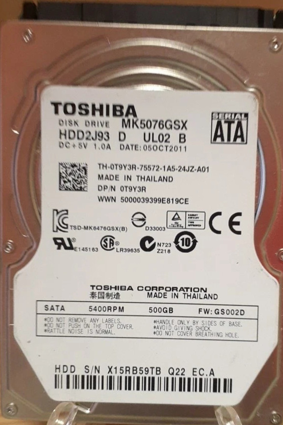 MK5076GSX HDD2J93 D UL02 B 0T9Y3R Toshiba 500GB SATA 2.5 Hard Drive