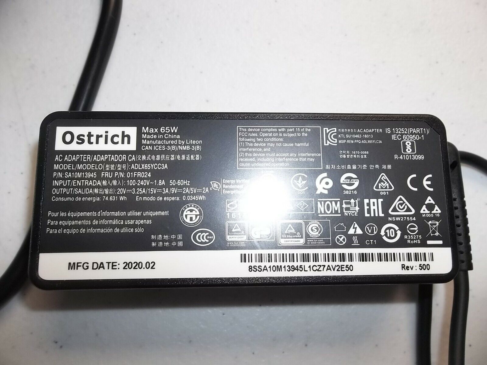 Ostrich 65W ADLX65YCC3A  USB-C Type-C Laptop Charger AC Power Adapter
