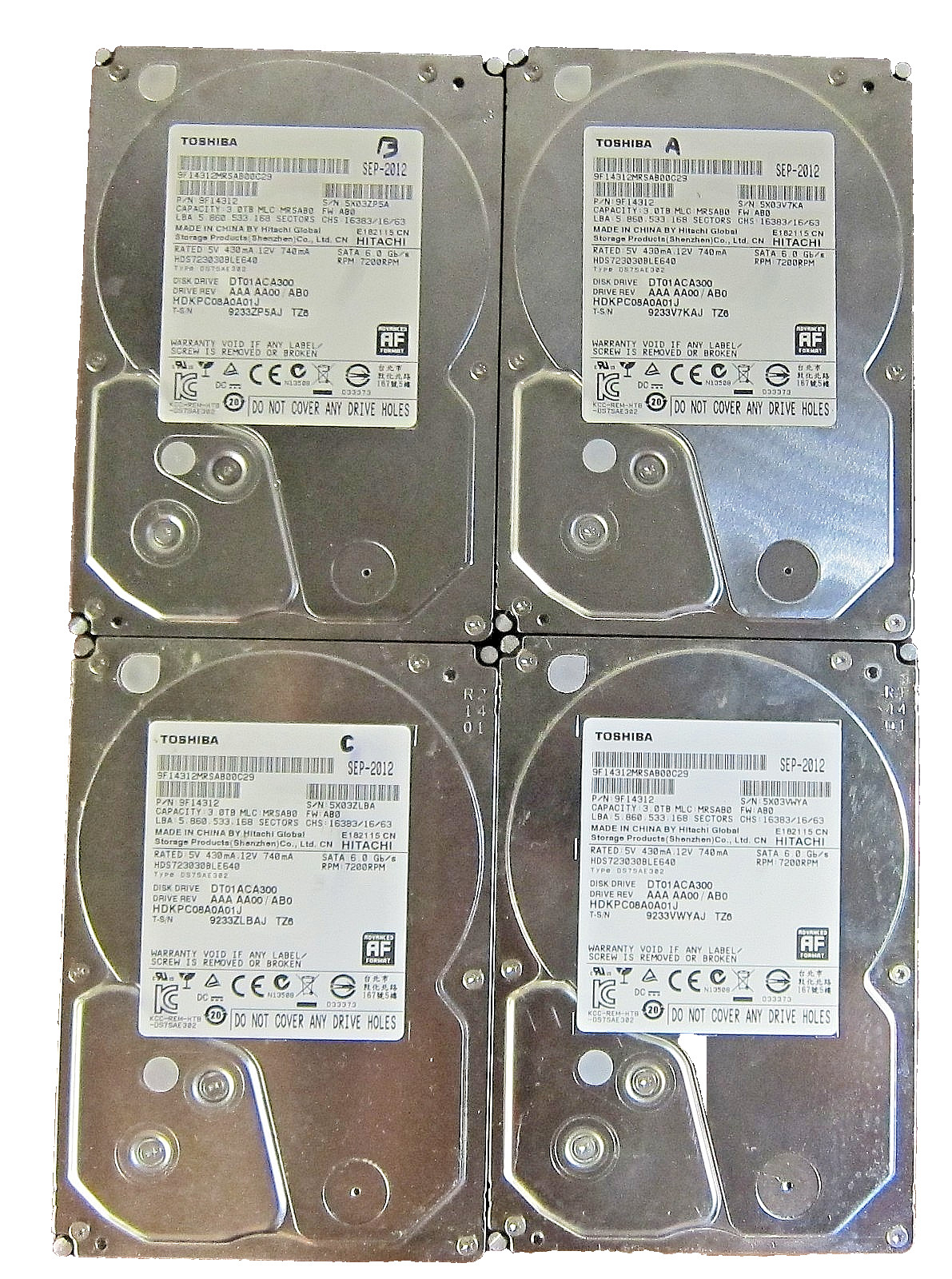 Lot of 4pcs Genuine Toshiba HDS723030BLE640 3TB 3.5" SATA Hard Drives