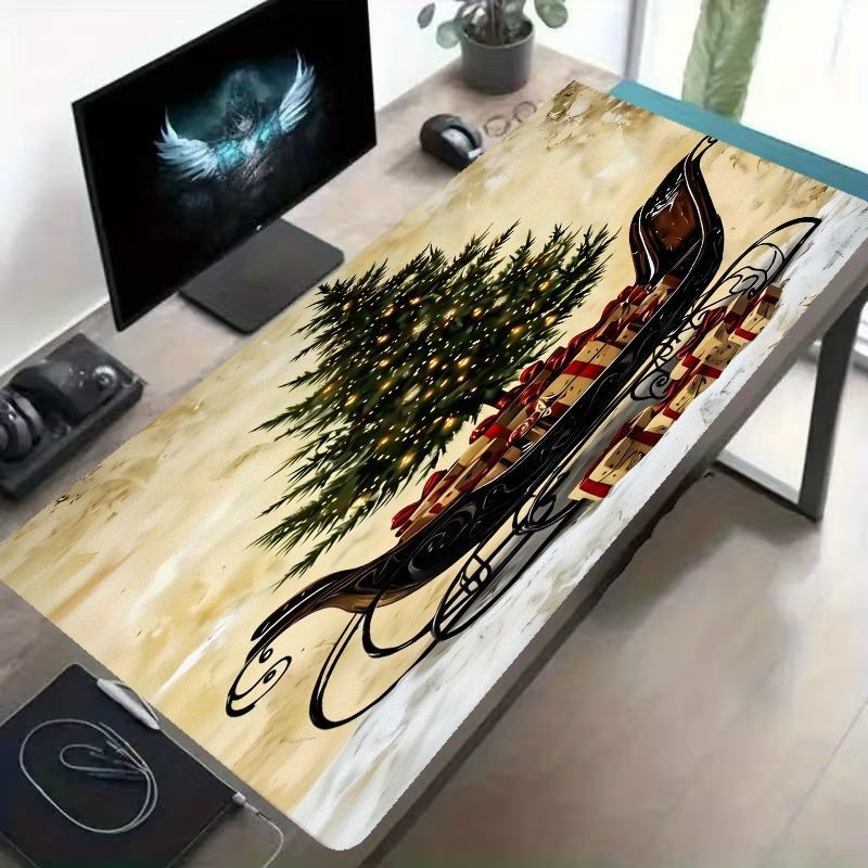 Christmas Themed Desk Mat | Black Sleigh and Decorative Tree Design, Non-Slip