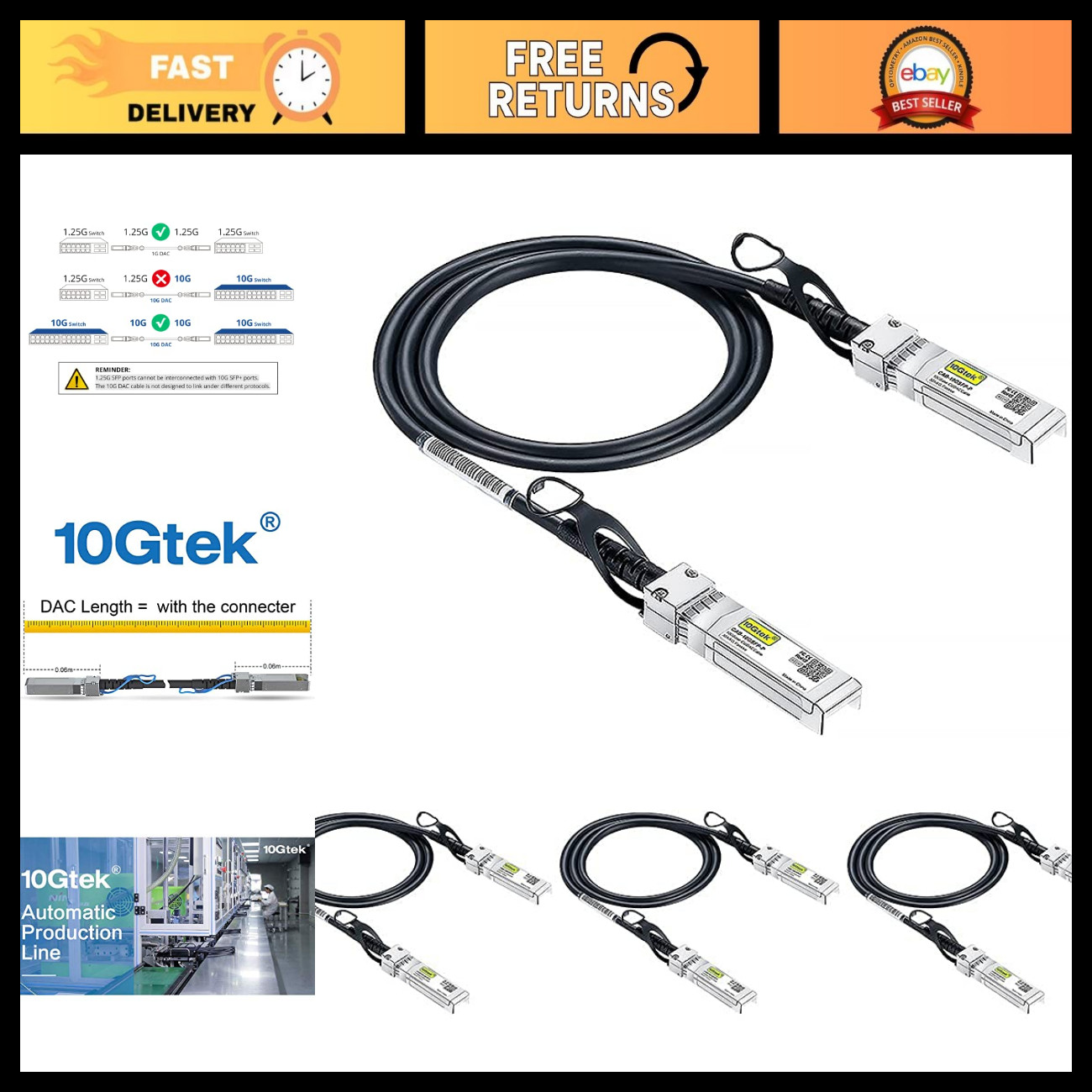 10G SFP+ DAC Twinax Cable 1M Passive Copper Patch Cable 4-Pack for Networking