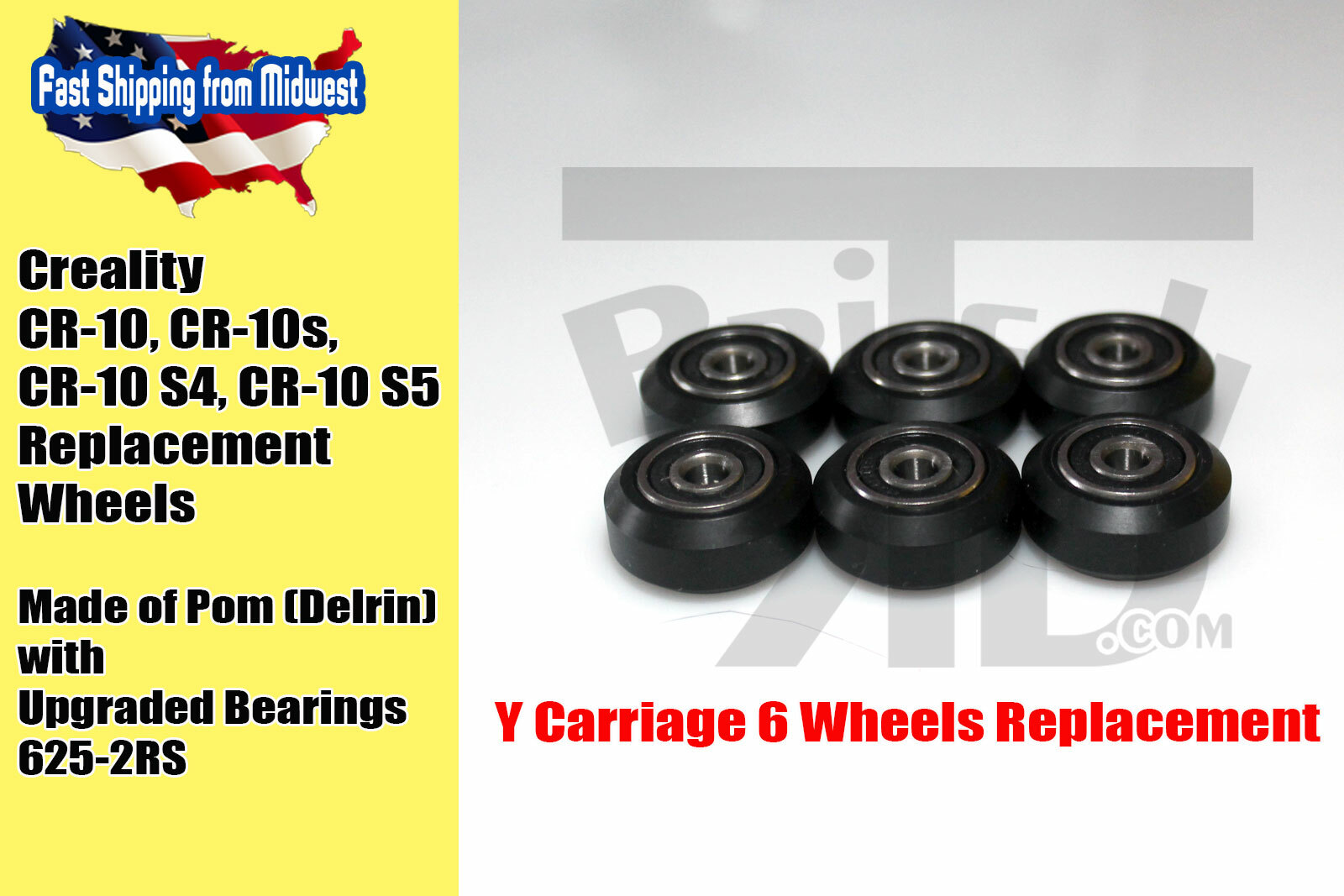 Solid V-Wheel for Creality 3D Printer CR-10 CR-10S w/ 625-RS Sealed Bearings